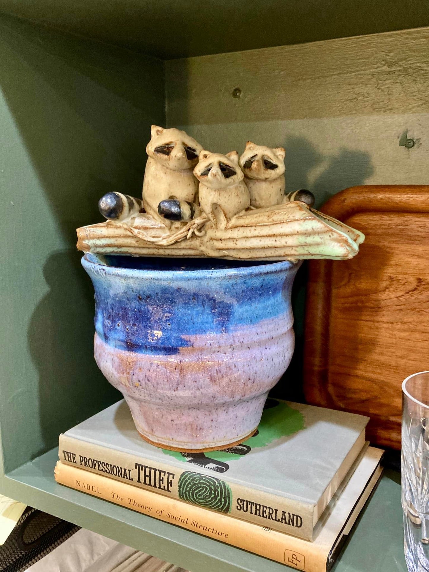 1986 Steve Vasiliou Purple Blue Raccoon Family Ceramic Planter Pot Vessel