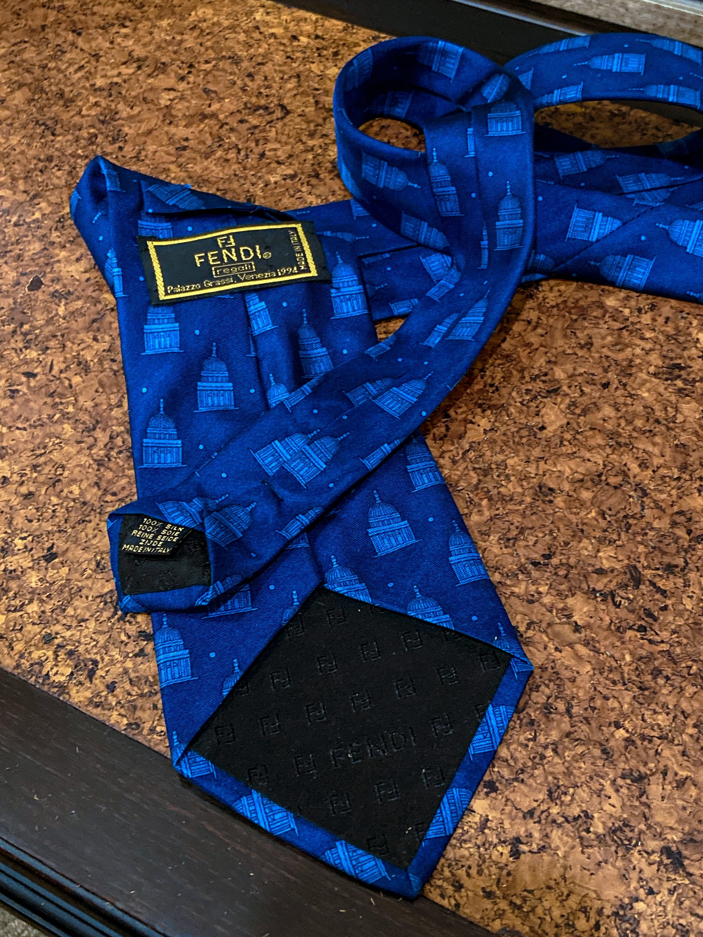 Vintage 1994 FENDI Regali Palazzo Grassi Venice Architectural Italian Blue Silk Tie Back Side