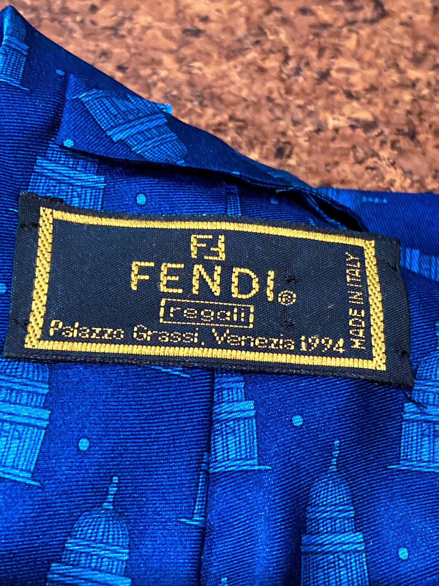Vintage 1994 FENDI Regali Palazzo Grassi Venice Architectural Italian Blue Silk Tie Close Up Tag