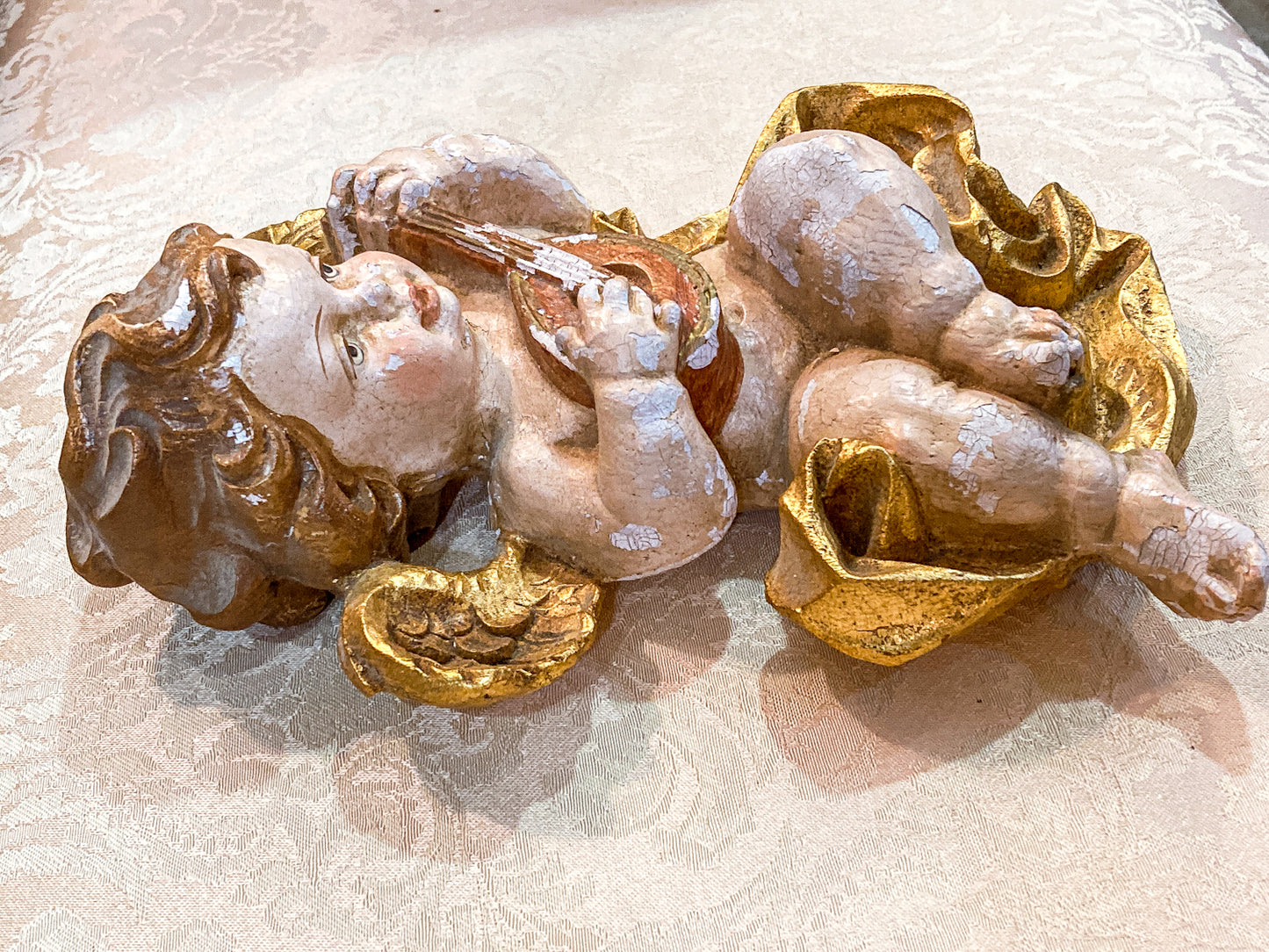 20th Century Hand Painted Gessoed Gilded Cherub Wall Hanging Sculpture