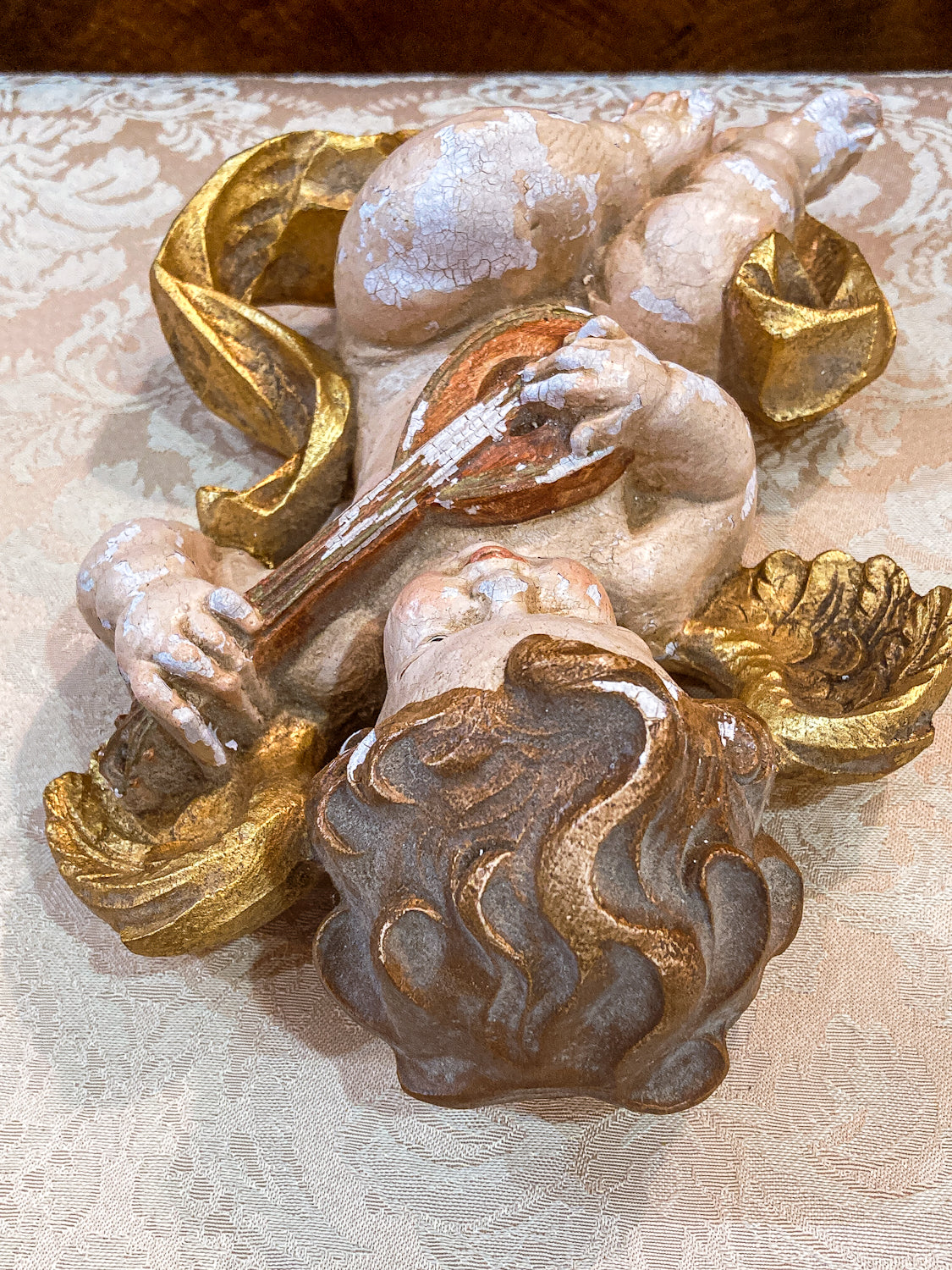 20th Century Hand Painted Gessoed Gilded Cherub Wall Hanging Sculpture