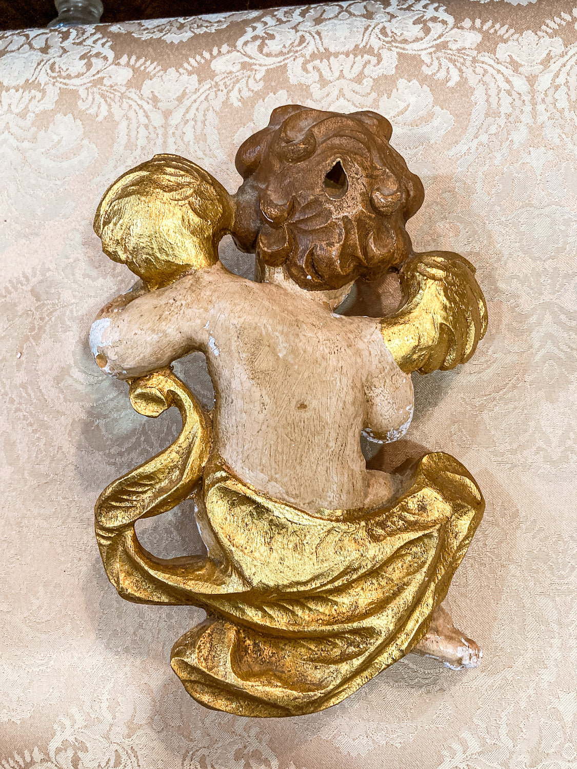 20th Century Hand Painted Gessoed Gilded Cherub Wall Hanging Sculpture