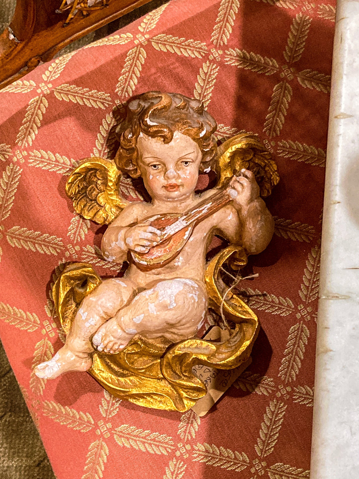 20th Century Hand Painted Gessoed Gilded Cherub Wall Hanging Sculpture