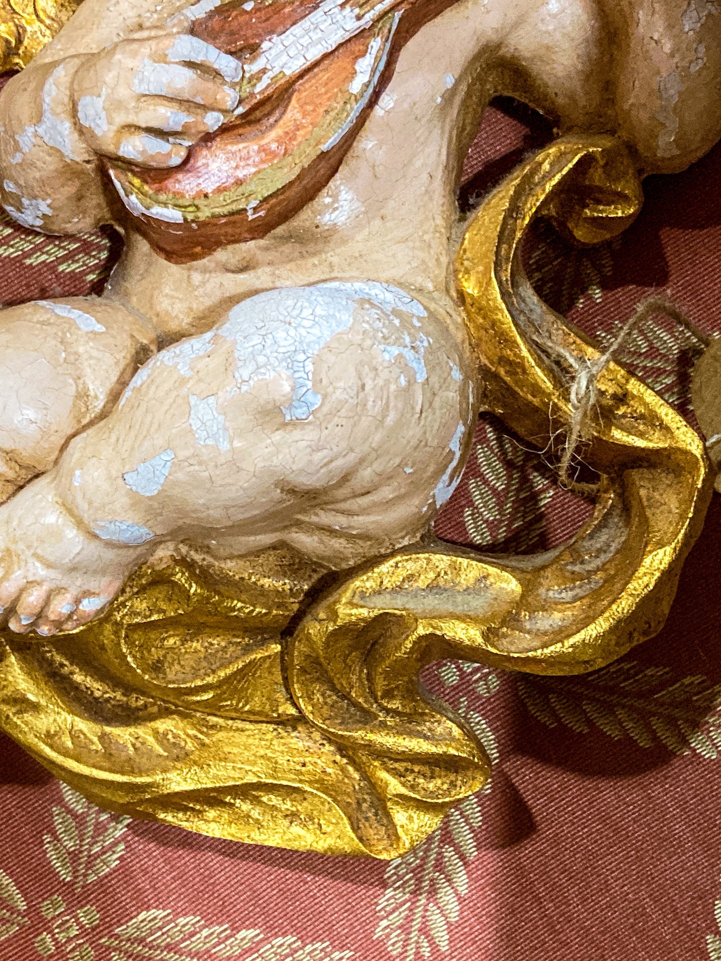 20th Century Hand Painted Gessoed Gilded Cherub Wall Hanging Sculpture