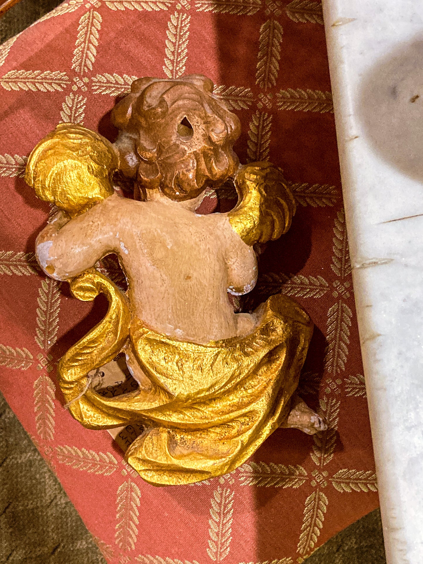 20th Century Hand Painted Gessoed Gilded Cherub Wall Hanging Sculpture