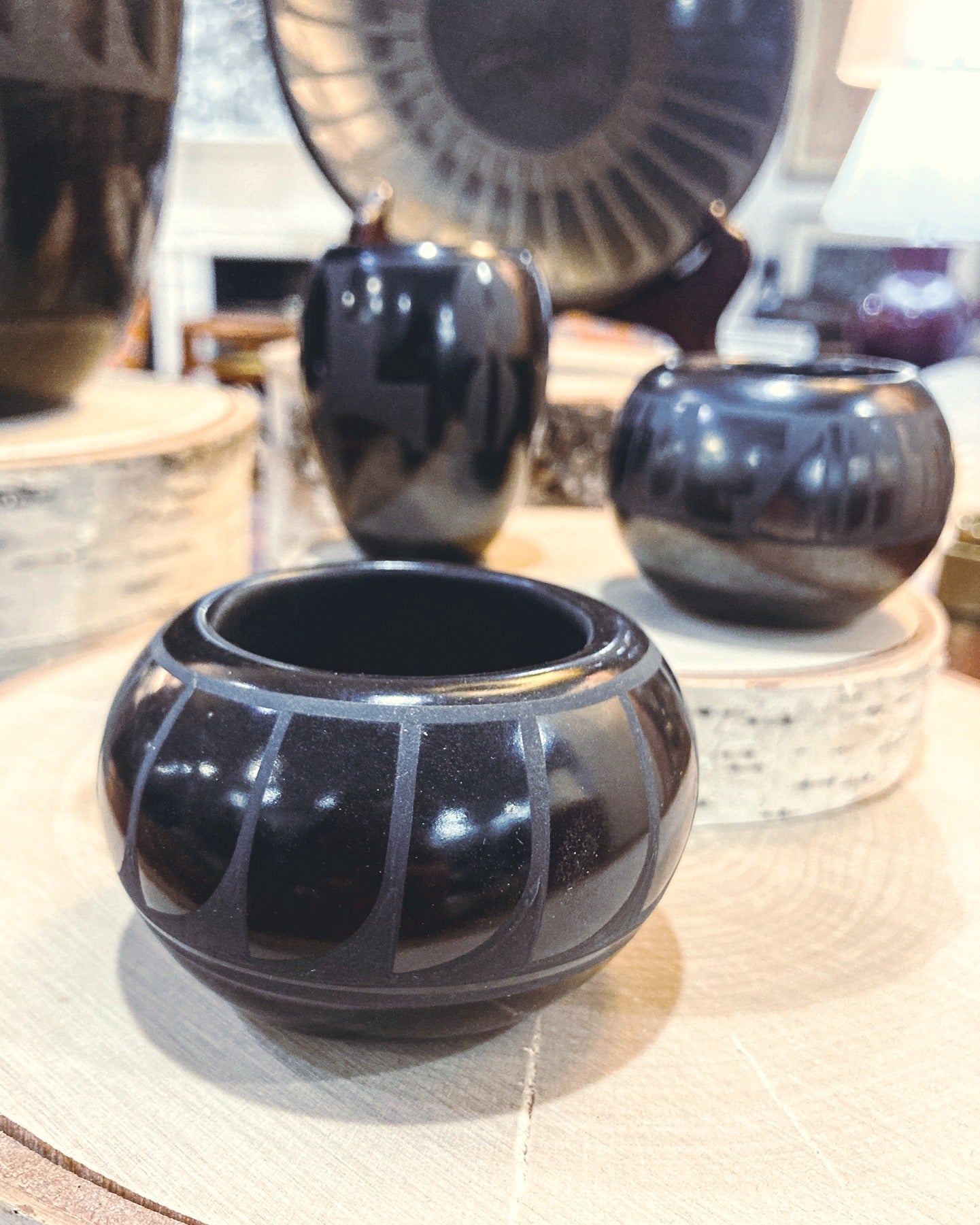 Vintage Adakai Navajo Feather Design Handmade Mini Black Pottery Vase