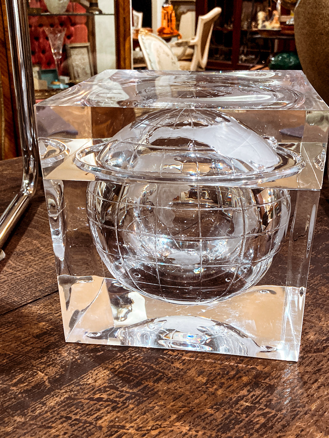 Vintage 1960s Alessandro Albrizzi Clear Lucite Globe Ice Bucket Box