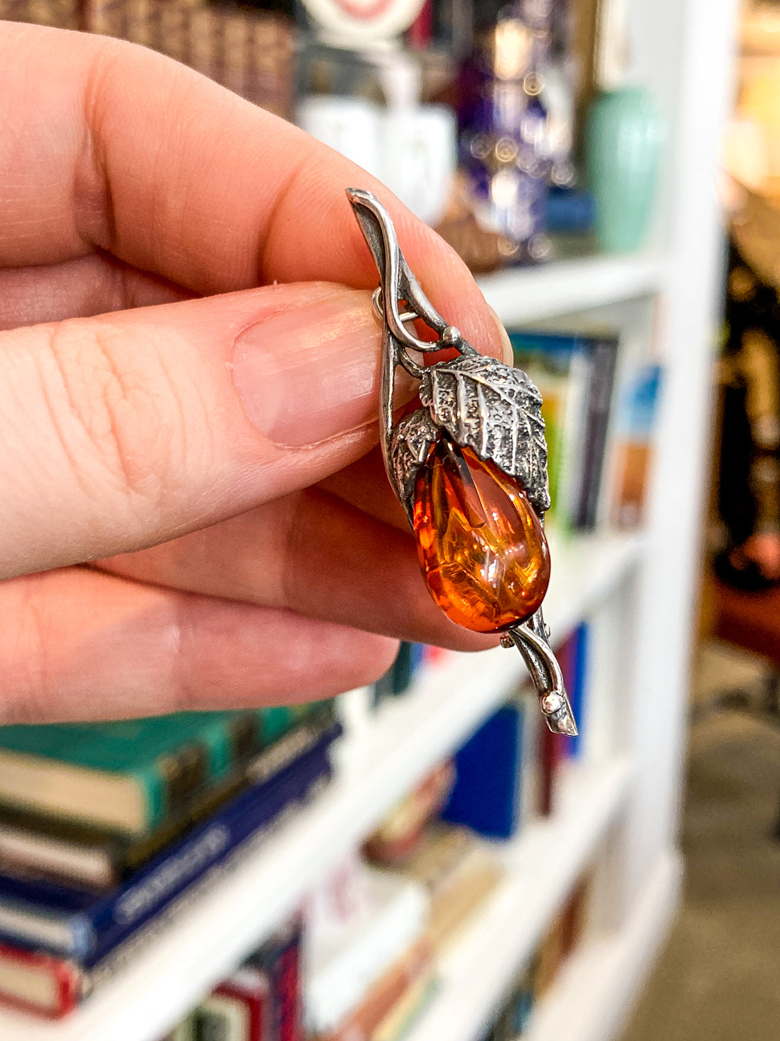 Vintage Sterling Silver Amber Drop Branch Fruit Leaves Brooch Bar Pin
