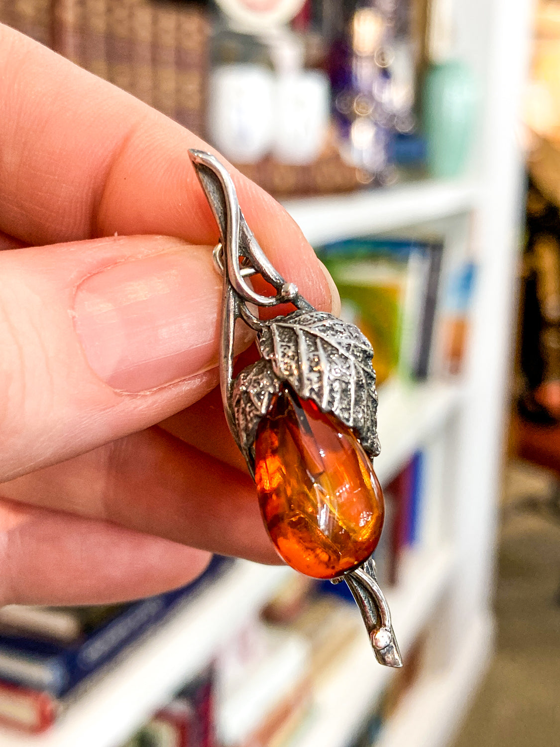 Vintage Sterling Silver Amber Drop Branch Fruit Leaves Brooch Bar Pin