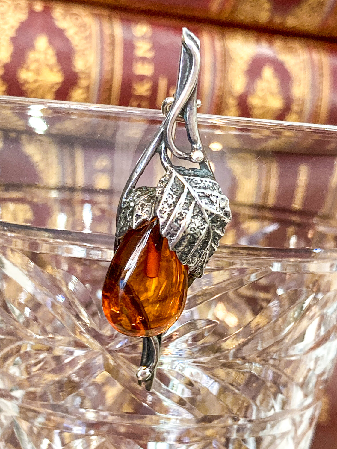Vintage Sterling Silver Amber Drop Branch Fruit Leaves Brooch Bar Pin