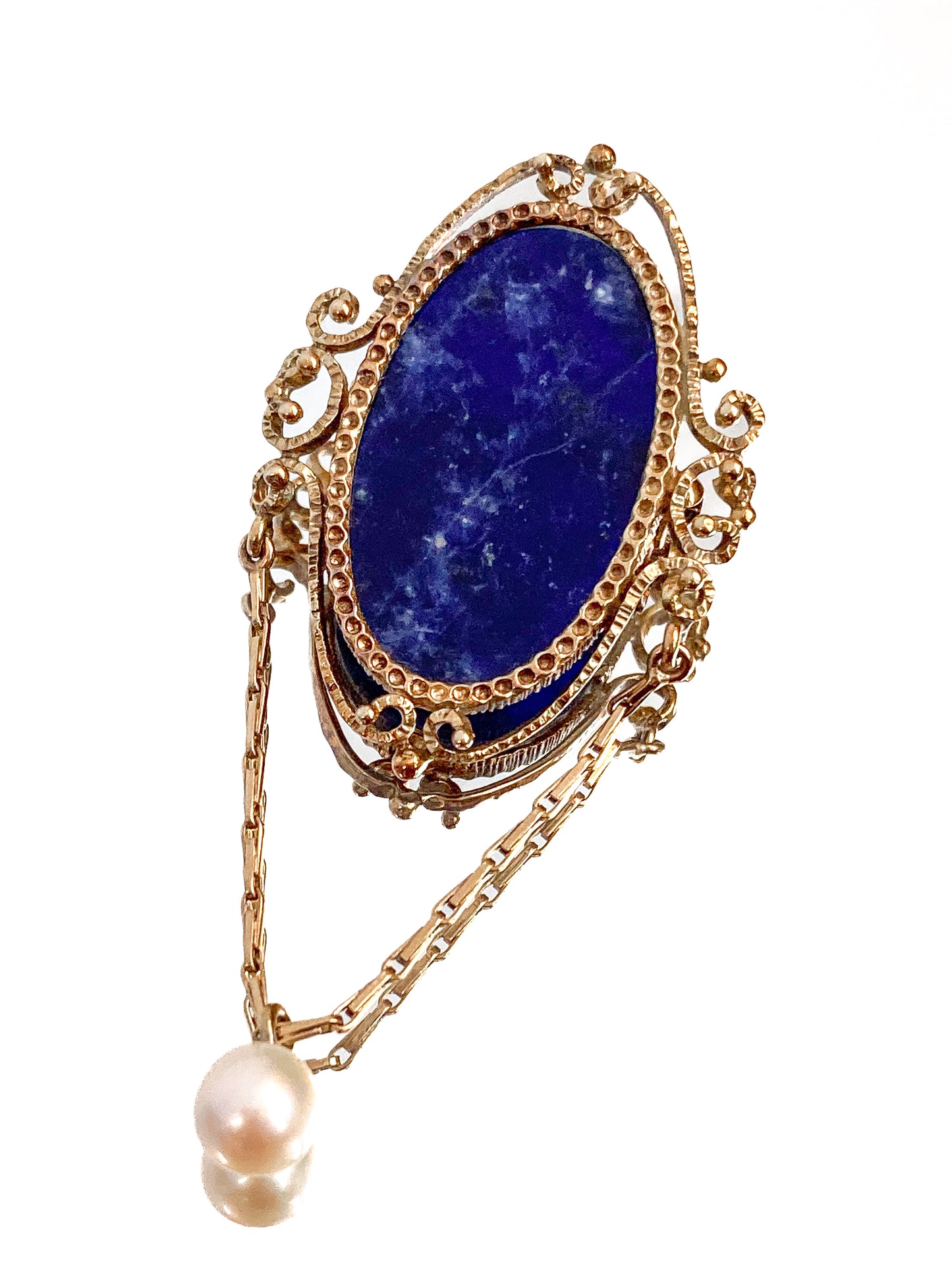 Vintage 14K Yellow Gold Filigree Oval Lapis Lazuli Pearl Dangle Brooch Pin