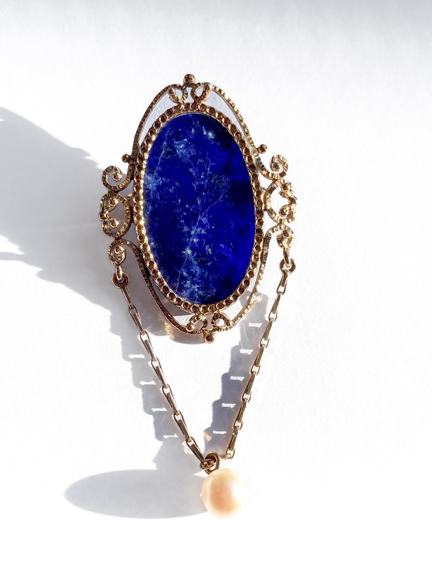 Vintage 14K Yellow Gold Filigree Oval Lapis Lazuli Pearl Dangle Brooch Pin