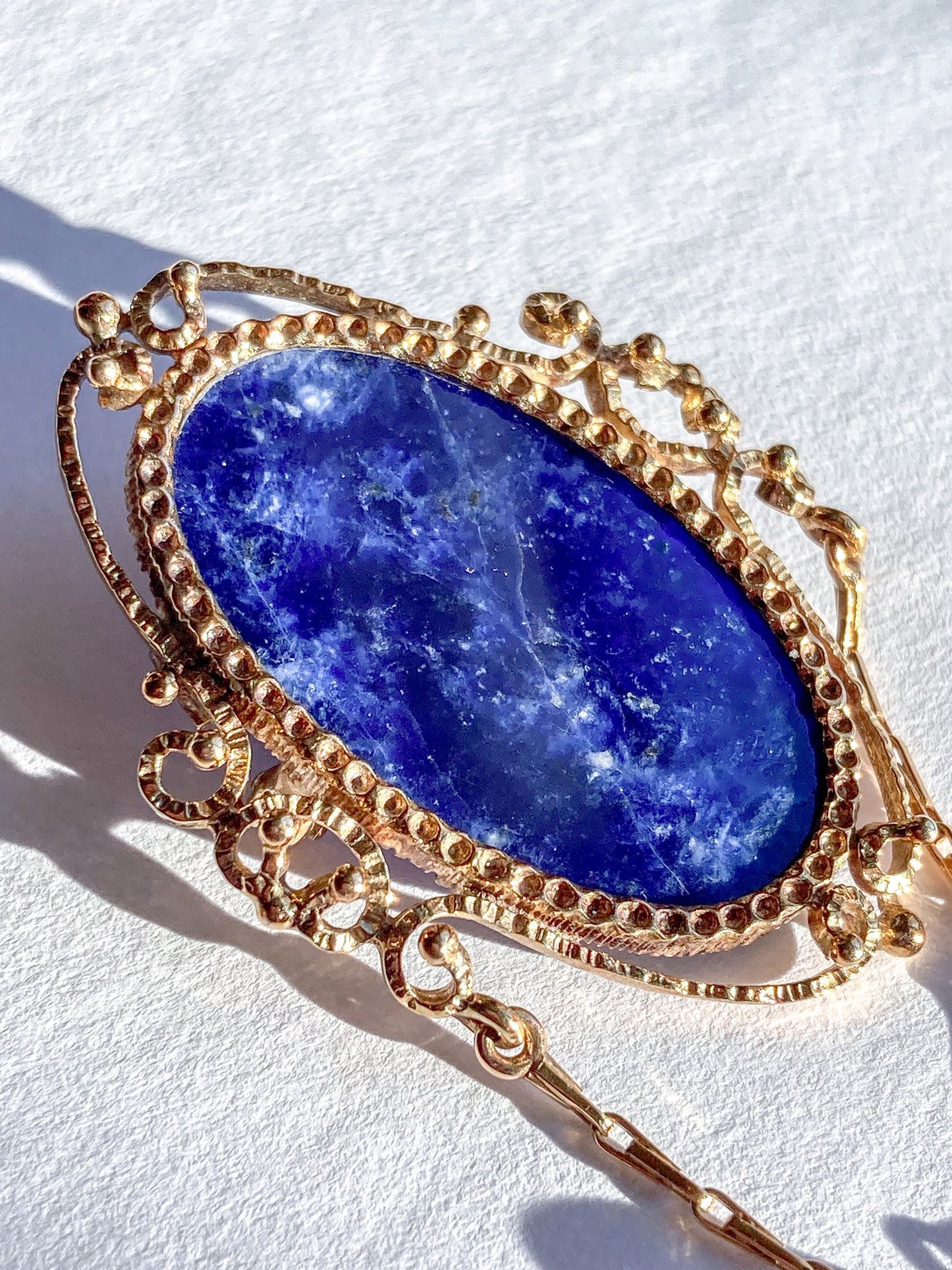 Vintage 14K Yellow Gold Filigree Oval Lapis Lazuli Pearl Dangle Brooch Pin