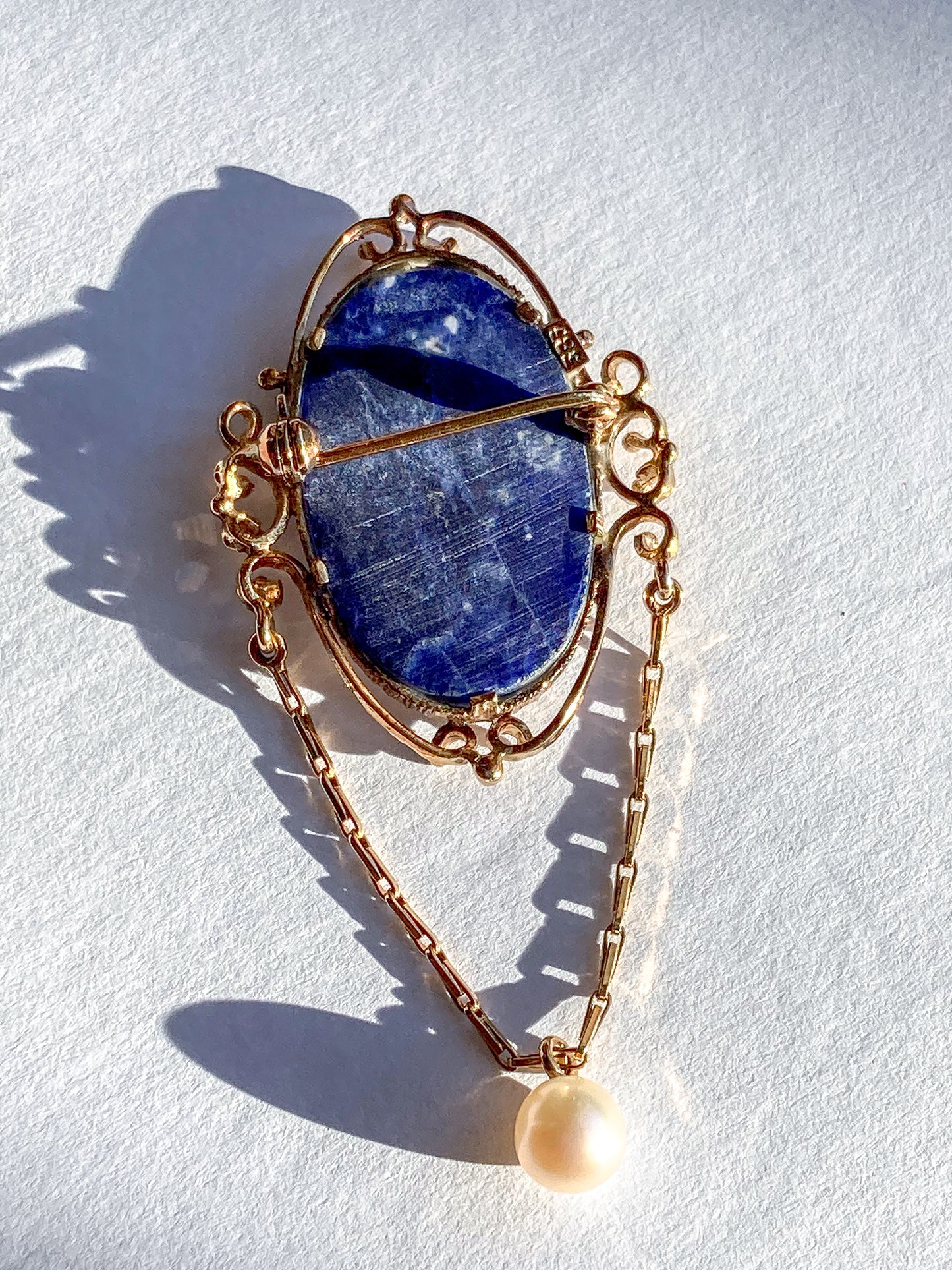 Vintage 14K Yellow Gold Filigree Oval Lapis Lazuli Pearl Dangle Brooch Pin