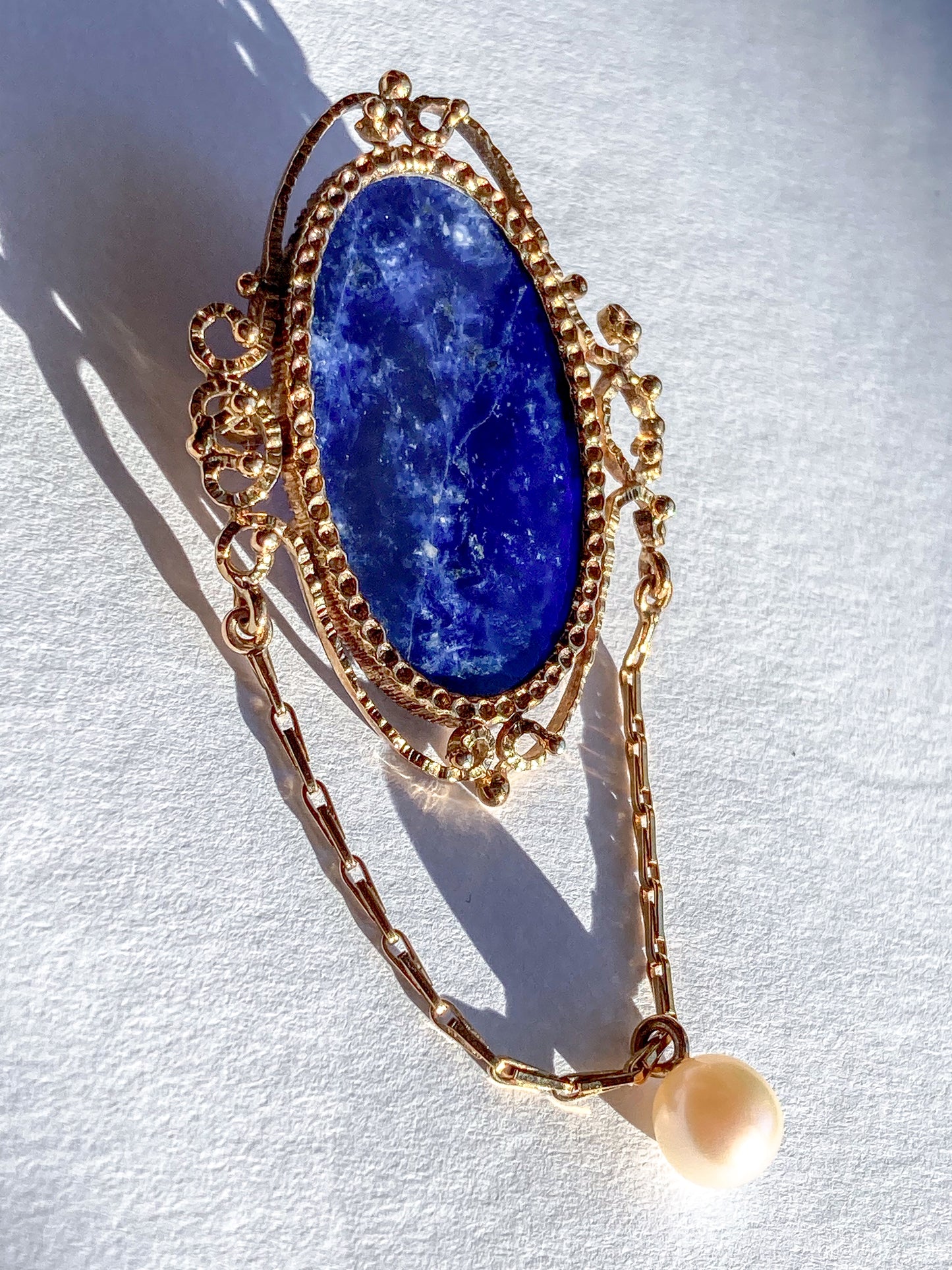 Vintage 14K Yellow Gold Filigree Oval Lapis Lazuli Pearl Dangle Brooch Pin