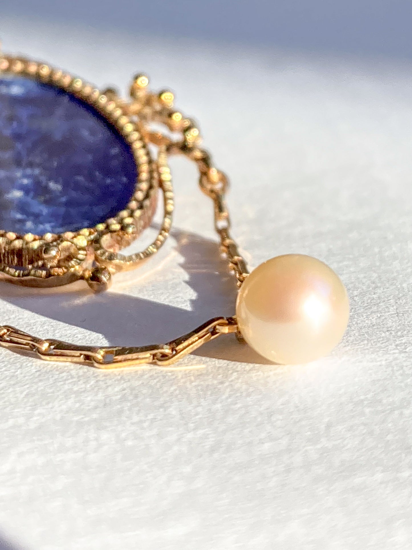 Vintage 14K Yellow Gold Filigree Oval Lapis Lazuli Pearl Dangle Brooch Pin