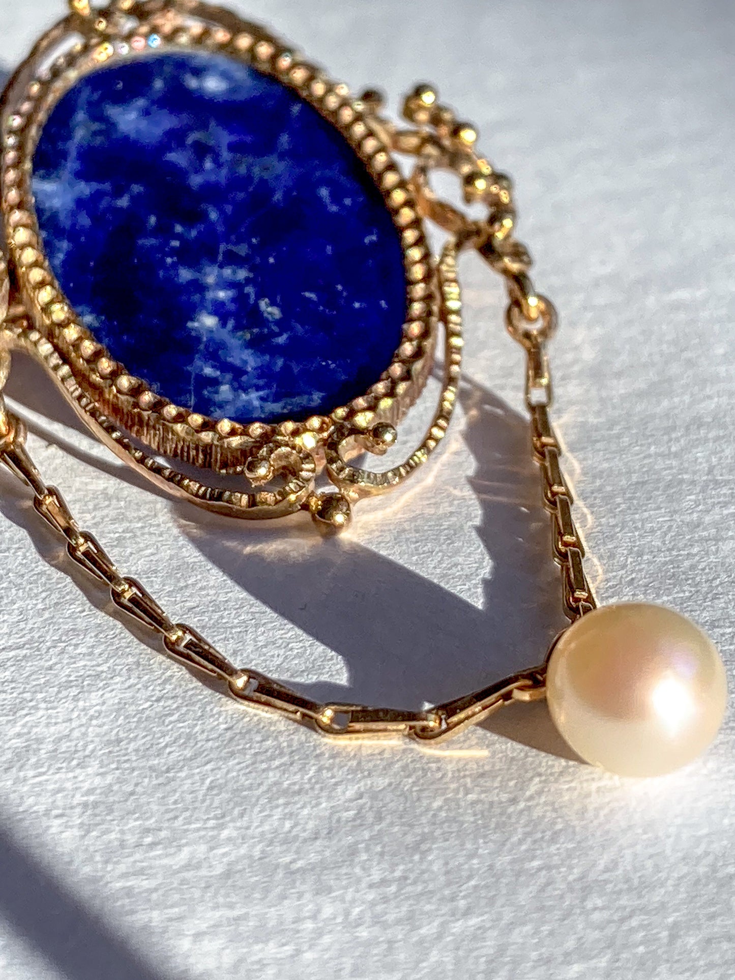 Vintage 14K Yellow Gold Filigree Oval Lapis Lazuli Pearl Dangle Brooch Pin