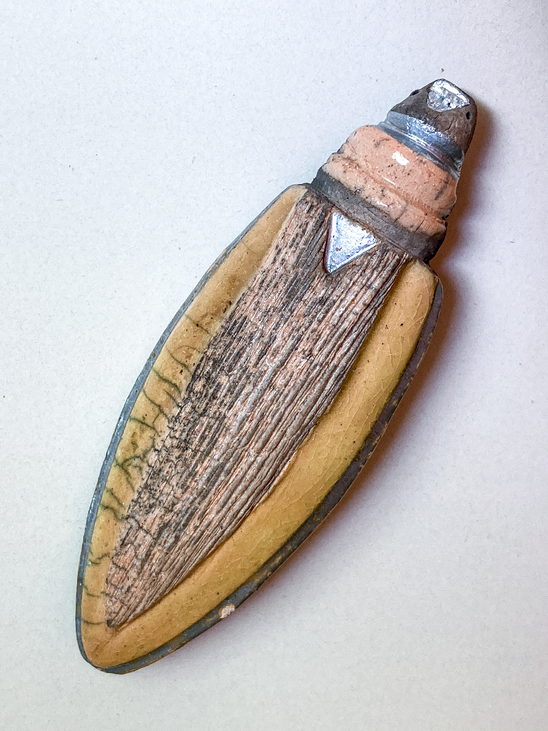 Vintage French Fine Artist Agnès HIS Ceramic Abstract Beetle Brooch Pin
