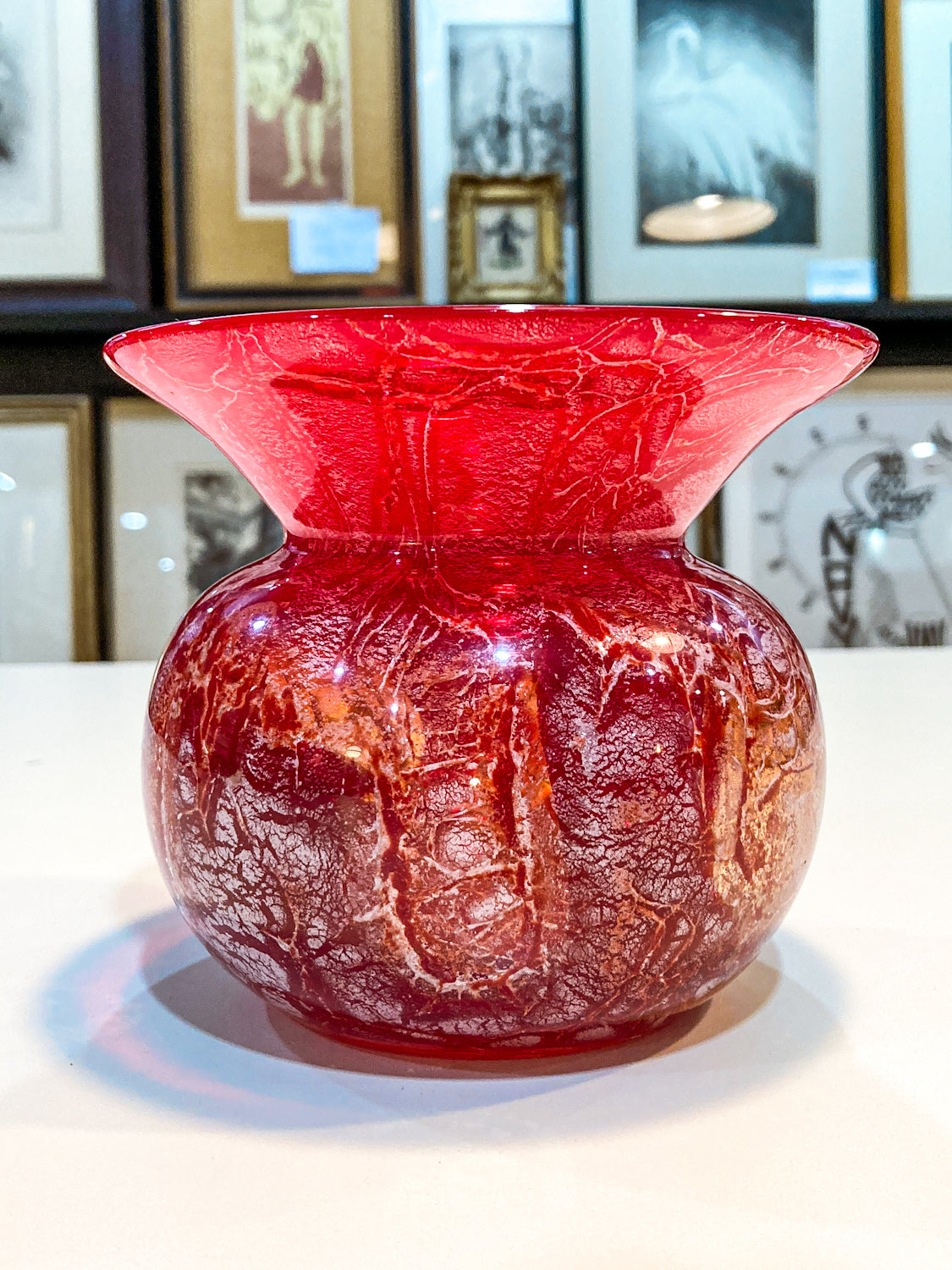Rare Vintage Baccarat France Marbled Ruby Red Fluted Rim Glass Vase
