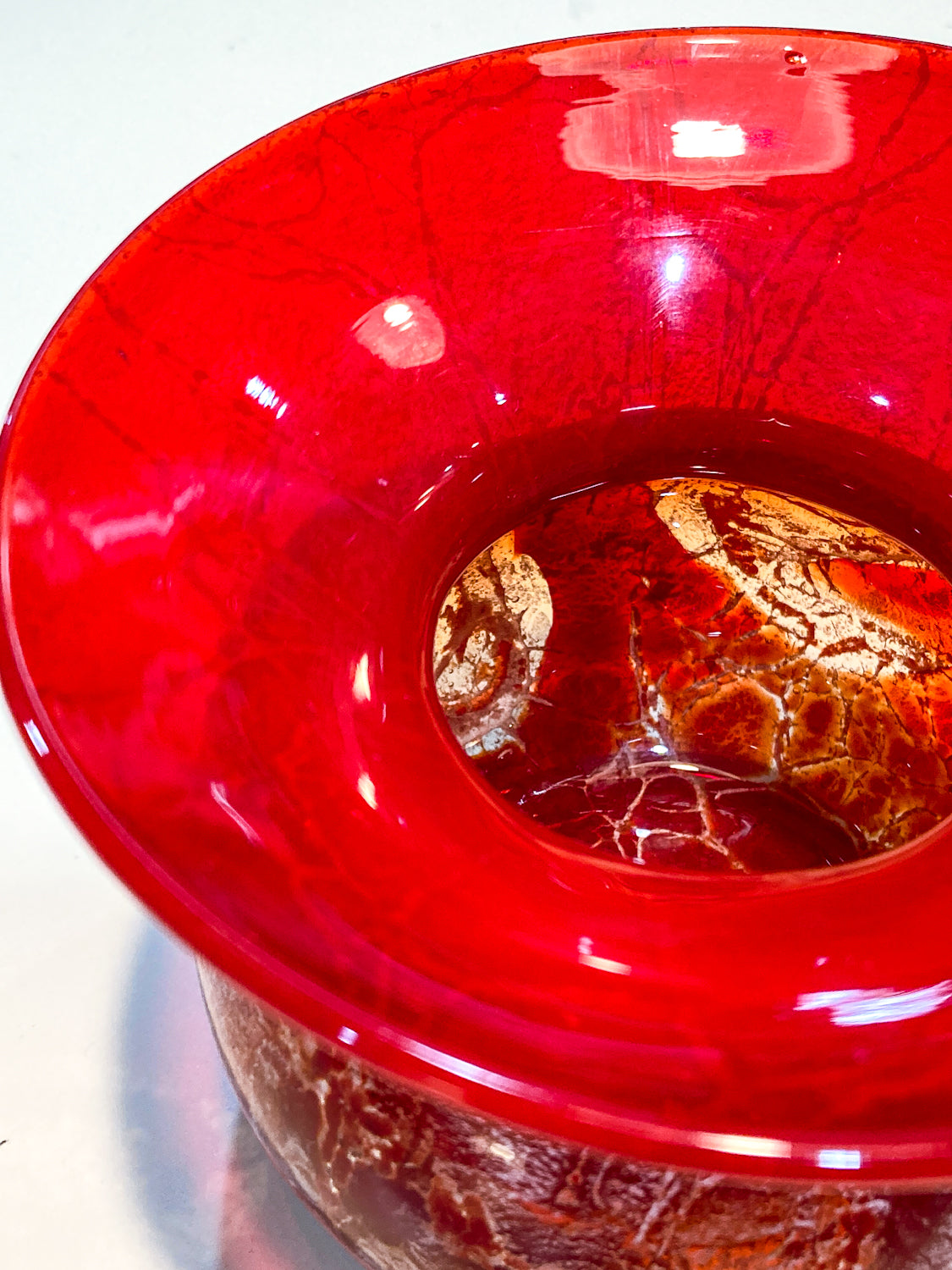 Rare Vintage Baccarat France Marbled Ruby Red Fluted Rim Glass Vase