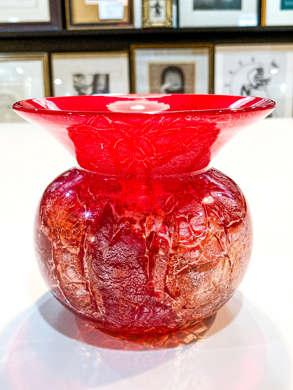 Rare Vintage Baccarat France Marbled Ruby Red Fluted Rim Glass Vase