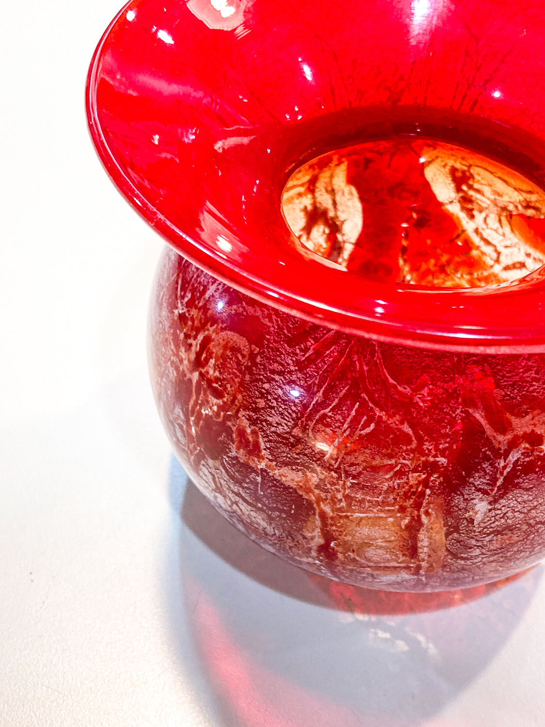 Rare Vintage Baccarat France Marbled Ruby Red Fluted Rim Glass Vase