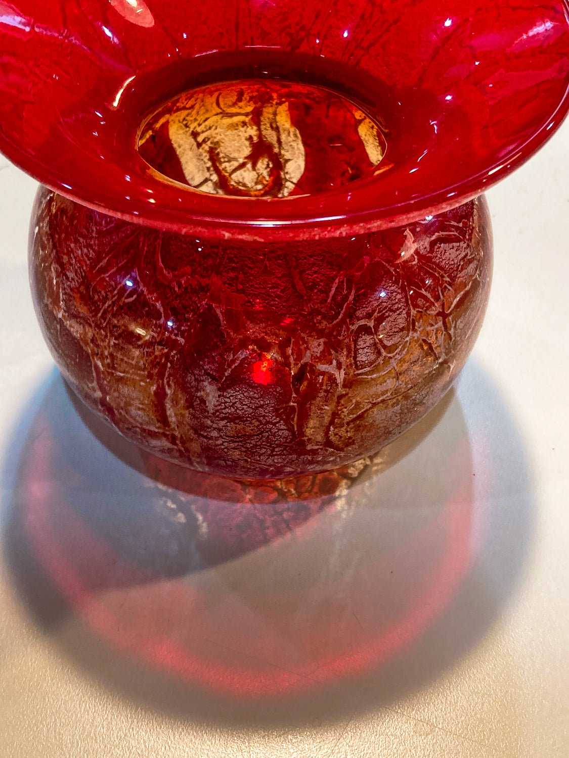 Rare Vintage Baccarat France Marbled Ruby Red Fluted Rim Glass Vase