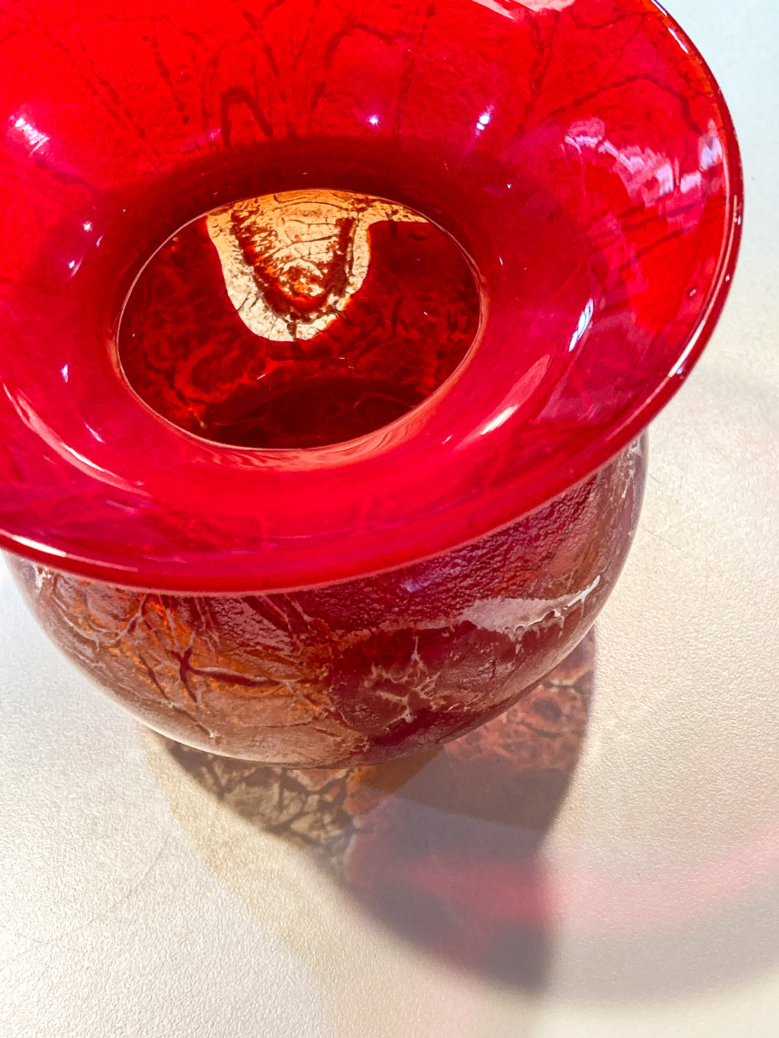 Rare Vintage Baccarat France Marbled Ruby Red Fluted Rim Glass Vase