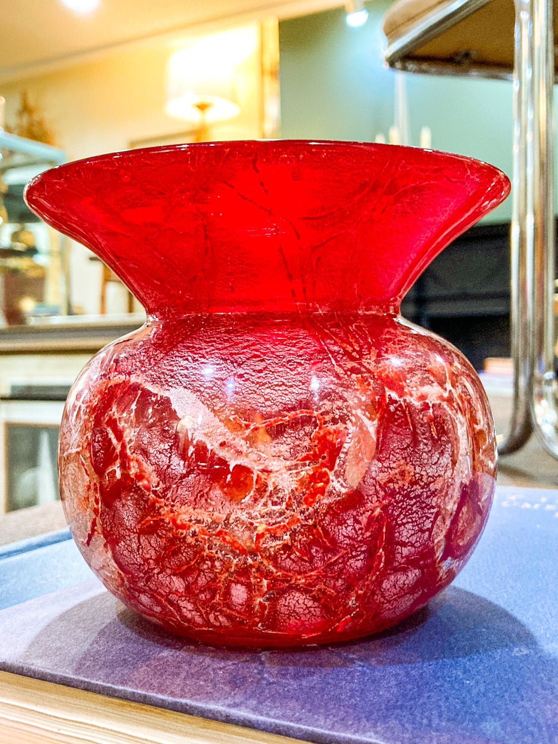 Rare Vintage Baccarat France Marbled Ruby Red Fluted Rim Glass Vase