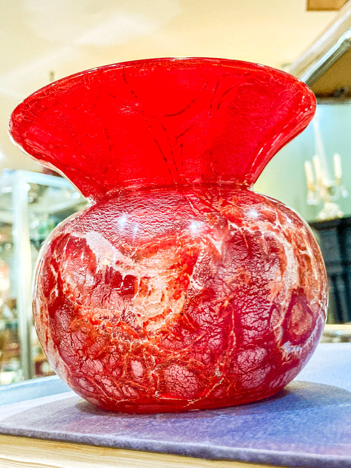Rare Vintage Baccarat France Marbled Ruby Red Fluted Rim Glass Vase