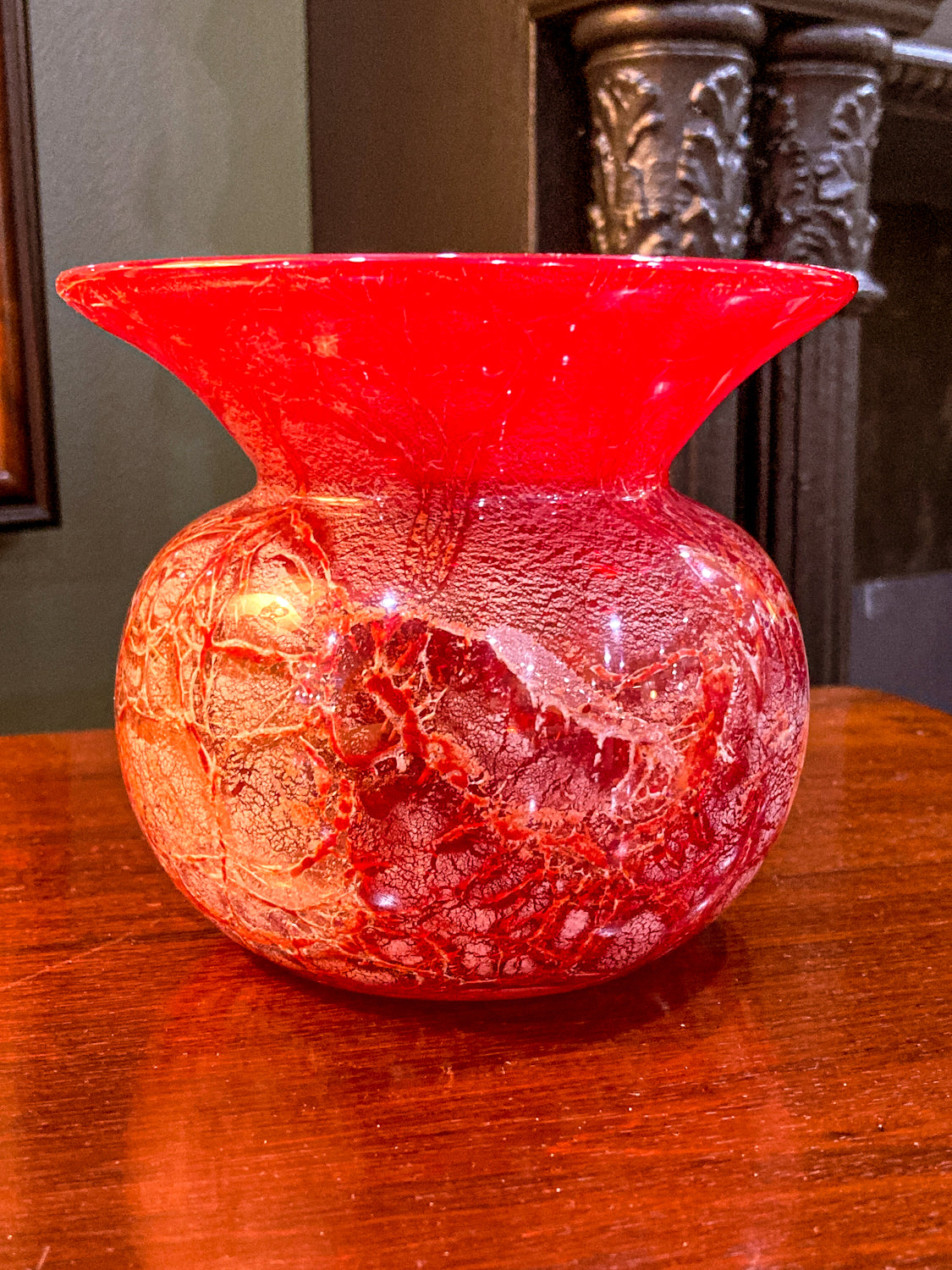 Rare Vintage Baccarat France Marbled Ruby Red Fluted Rim Glass Vase