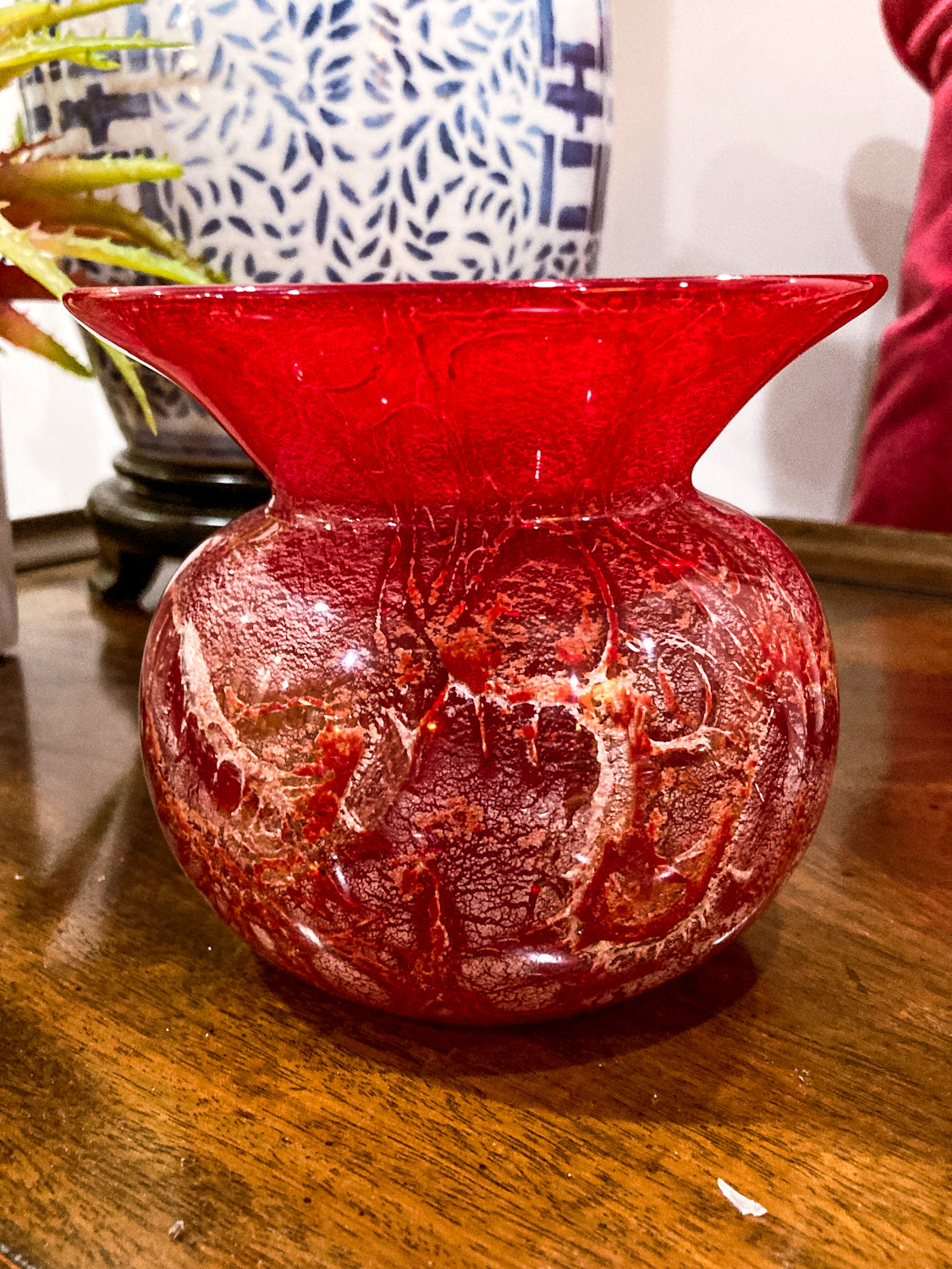 Rare Vintage Baccarat France Marbled Ruby Red Fluted Rim Glass Vase