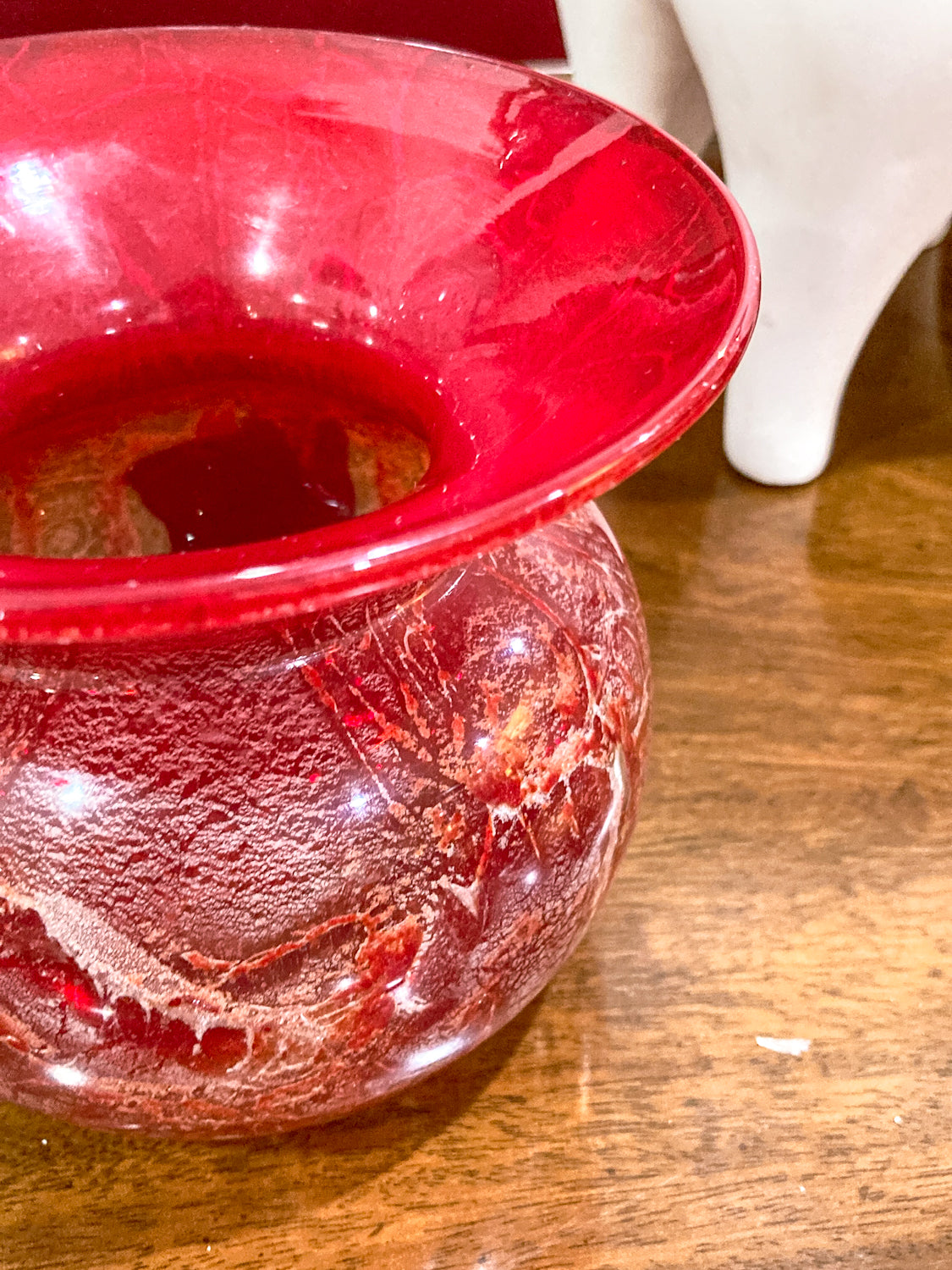 Rare Vintage Baccarat France Marbled Ruby Red Fluted Rim Glass Vase