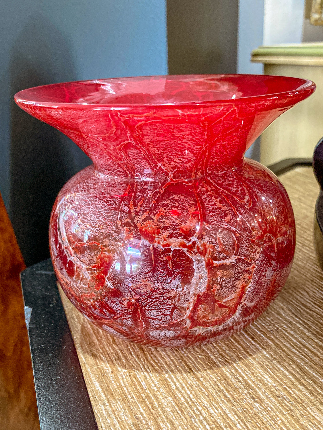 Rare Vintage Baccarat France Marbled Ruby Red Fluted Rim Glass Vase