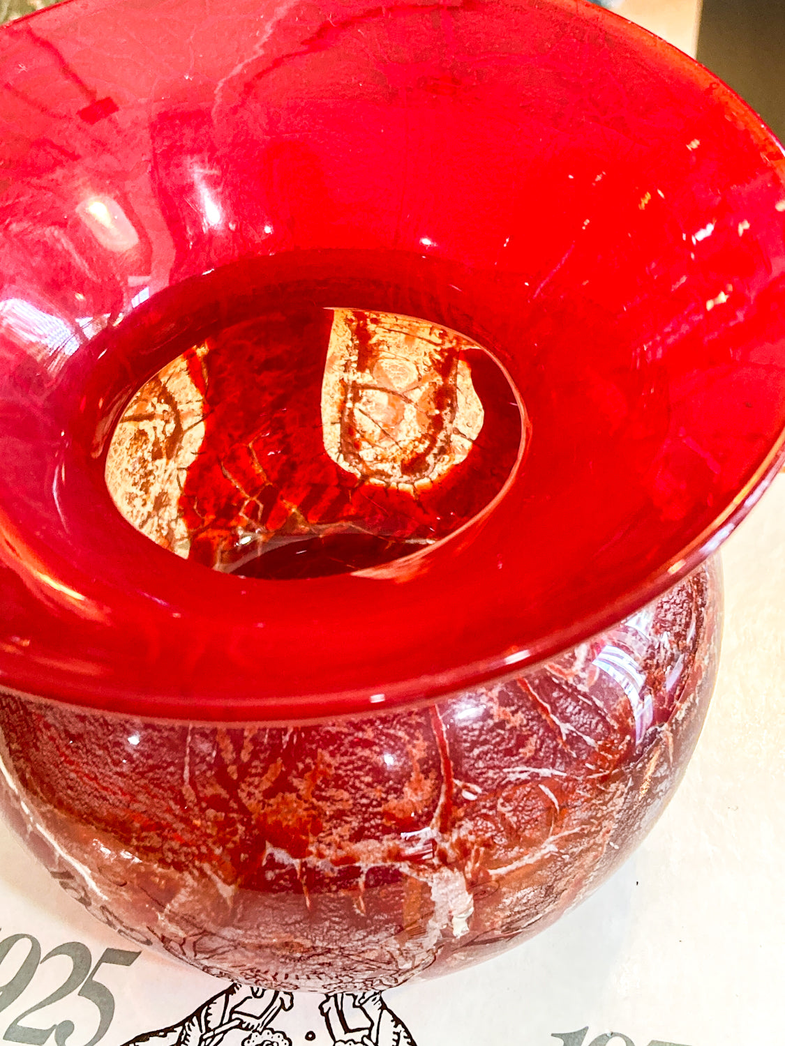 Rare Vintage Baccarat France Marbled Ruby Red Fluted Rim Glass Vase
