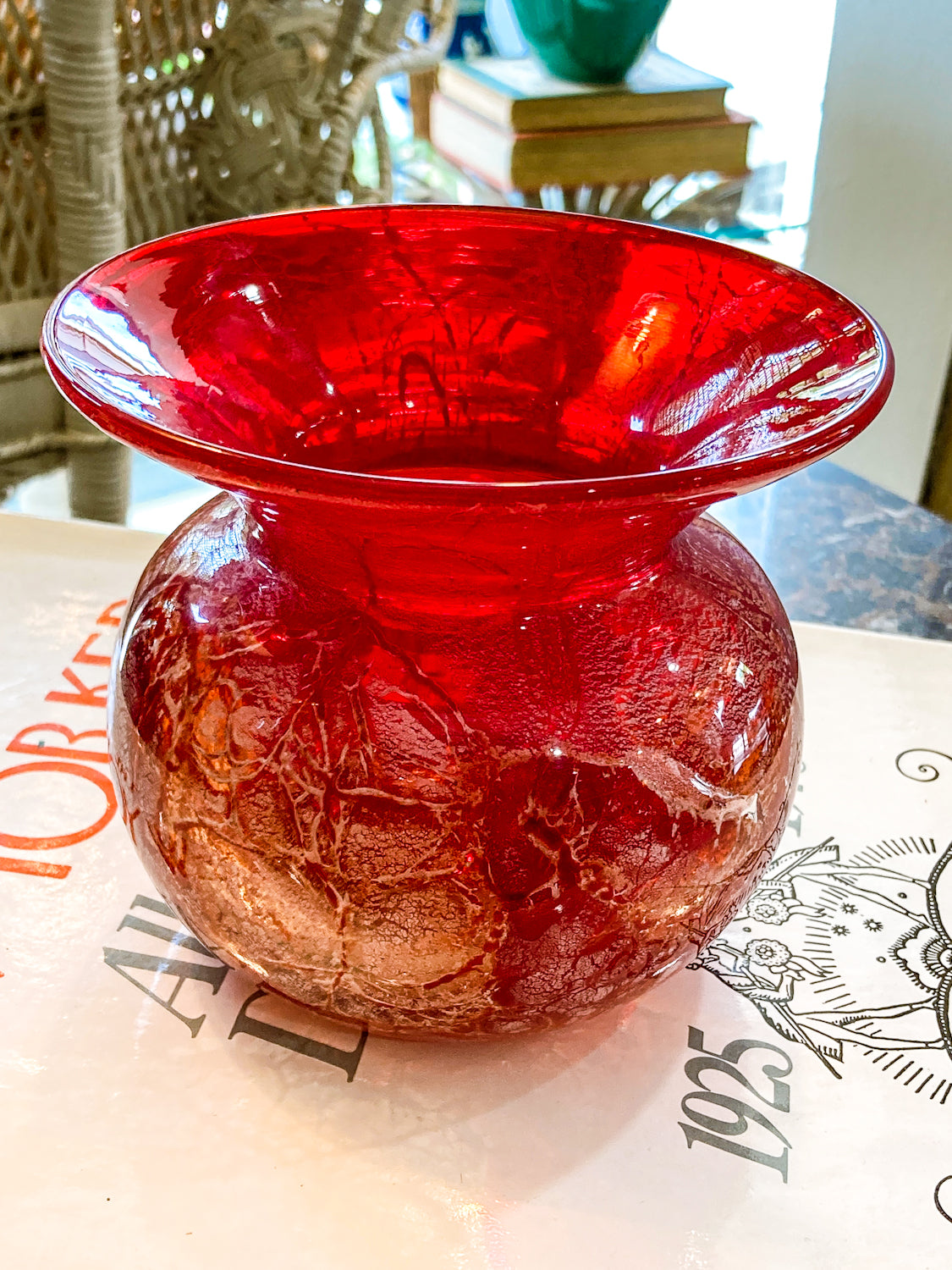 Rare Vintage Baccarat France Marbled Ruby Red Fluted Rim Glass Vase