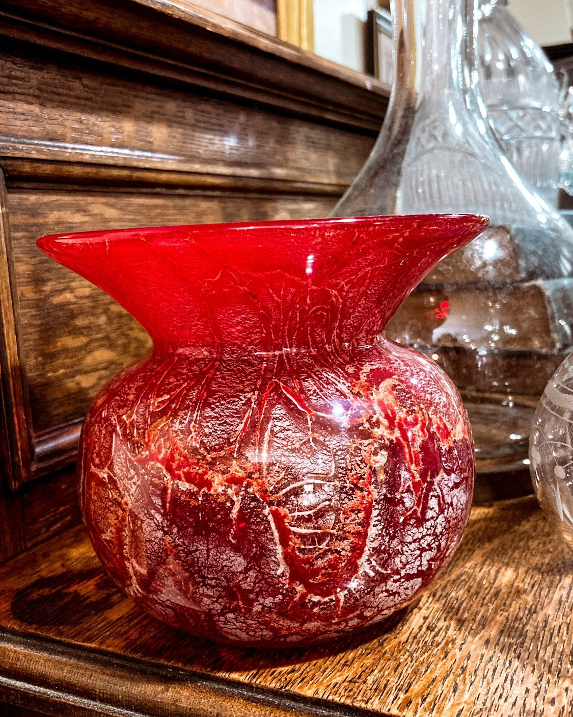 Rare Vintage Baccarat France Marbled Ruby Red Fluted Rim Glass Vase