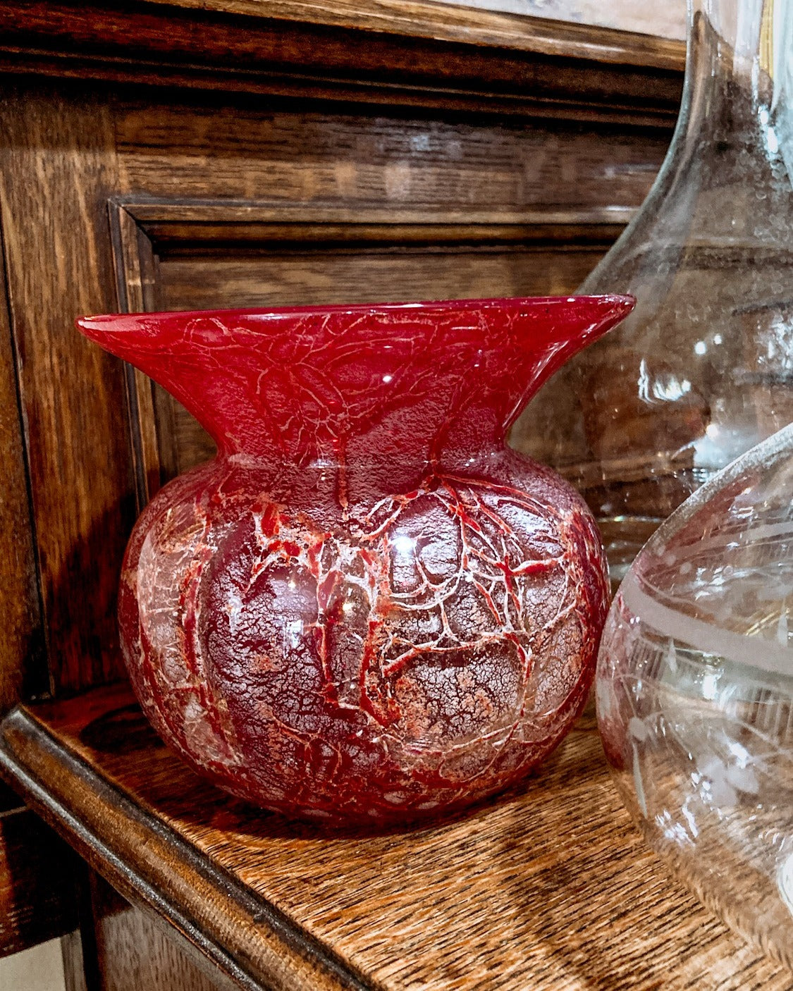 Rare Vintage Baccarat France Marbled Ruby Red Fluted Rim Glass Vase