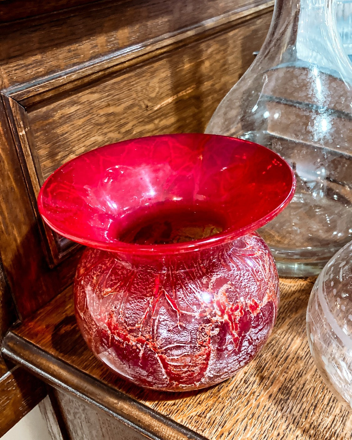 Rare Vintage Baccarat France Marbled Ruby Red Fluted Rim Glass Vase