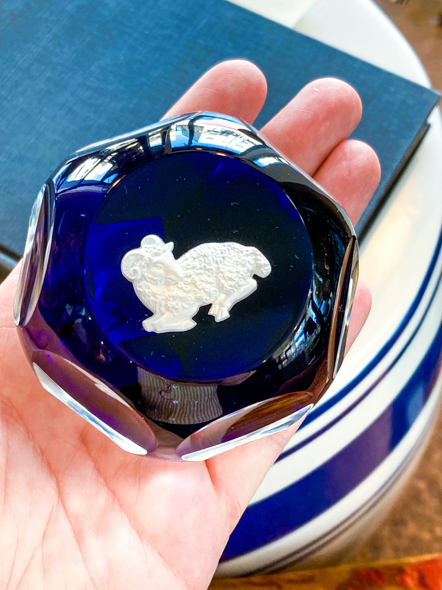 Baccarat Cobalt Crystal Sulfide Ram Aries Zodiac Sign Paperweight