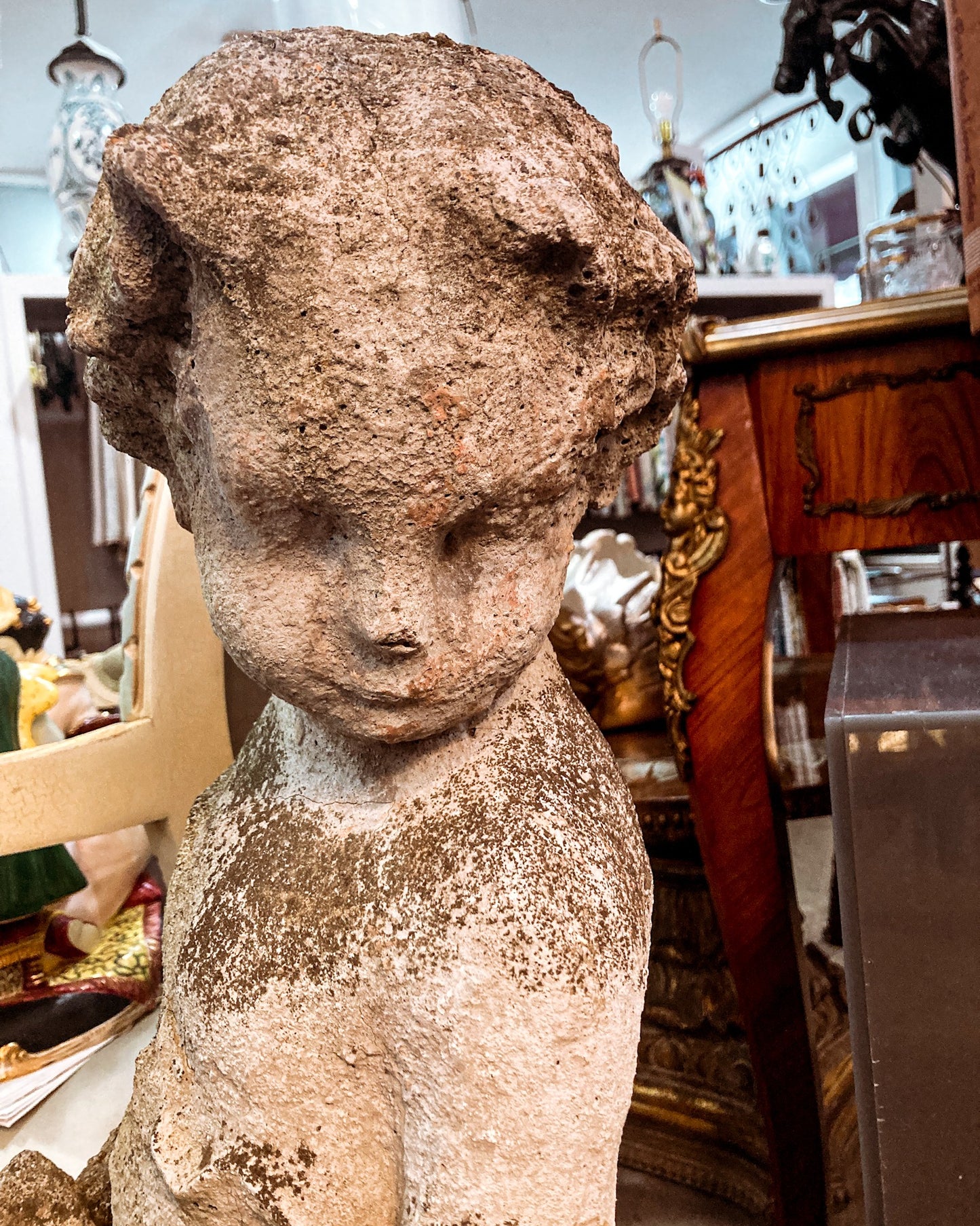 Vintage 1960s Barefoot Child Putti Outdoor Cast Stone Garden Sculpture Statue