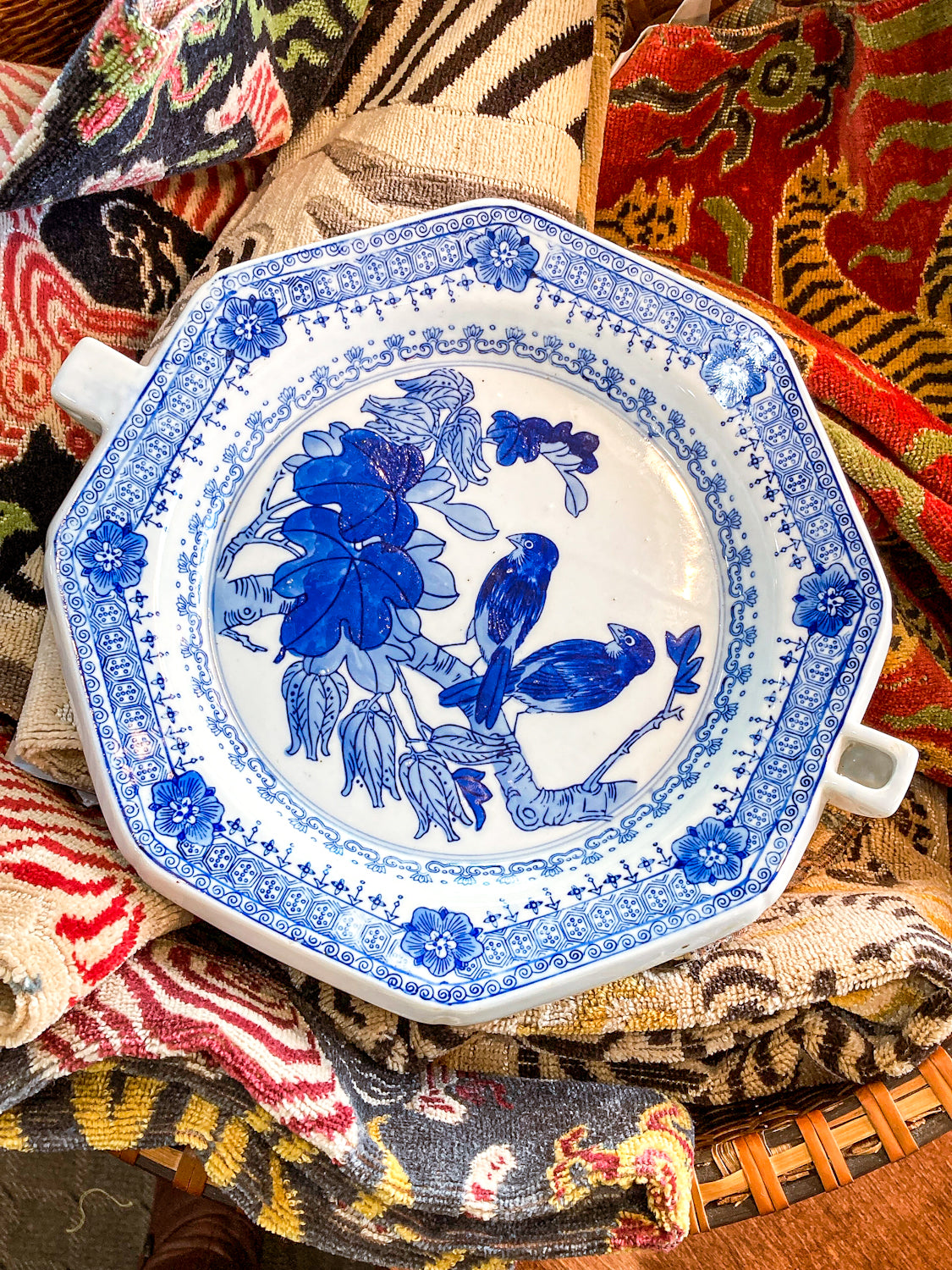 Vintage Blue & White Perched Birds Chinese Porcelain Warming Tray Plate