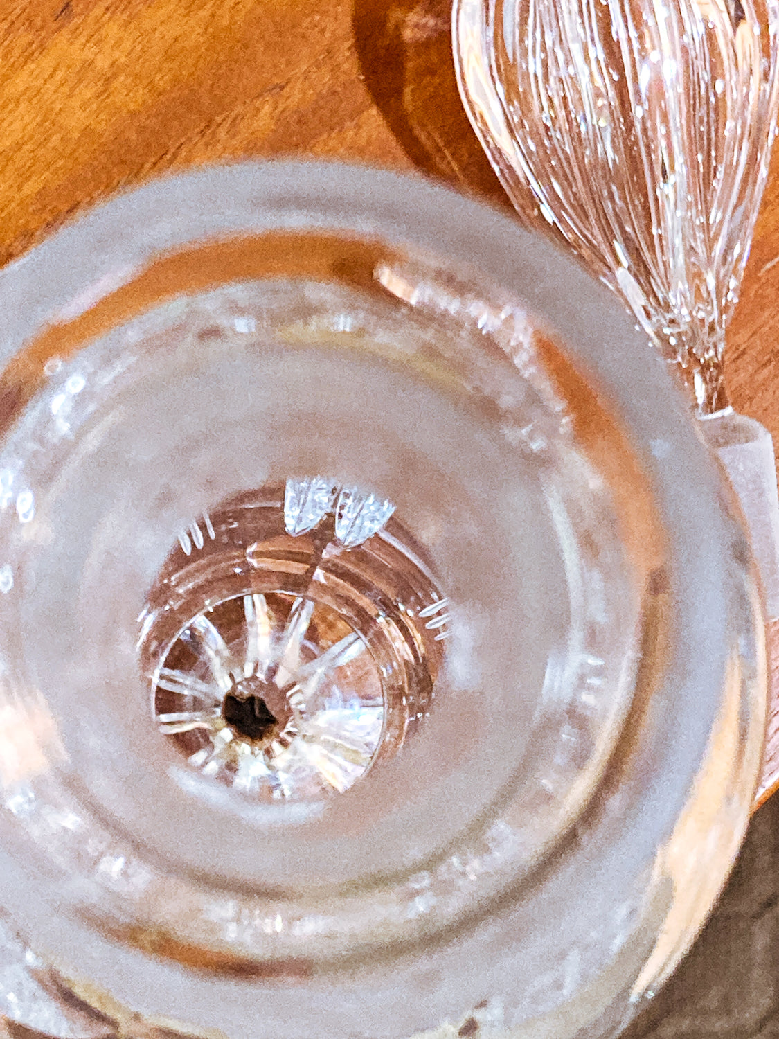Vintage Clear Glass Etched Details Sculptural Stopper Decanter Barware