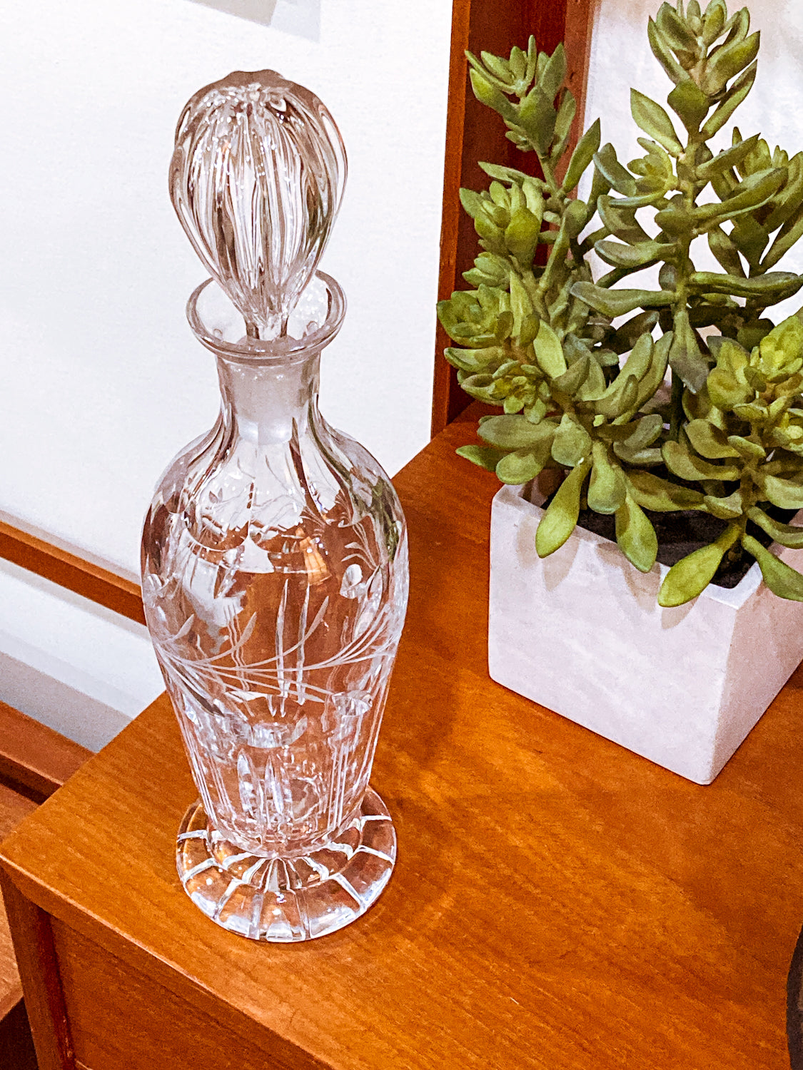 Vintage Clear Glass Etched Details Sculptural Stopper Decanter Barware