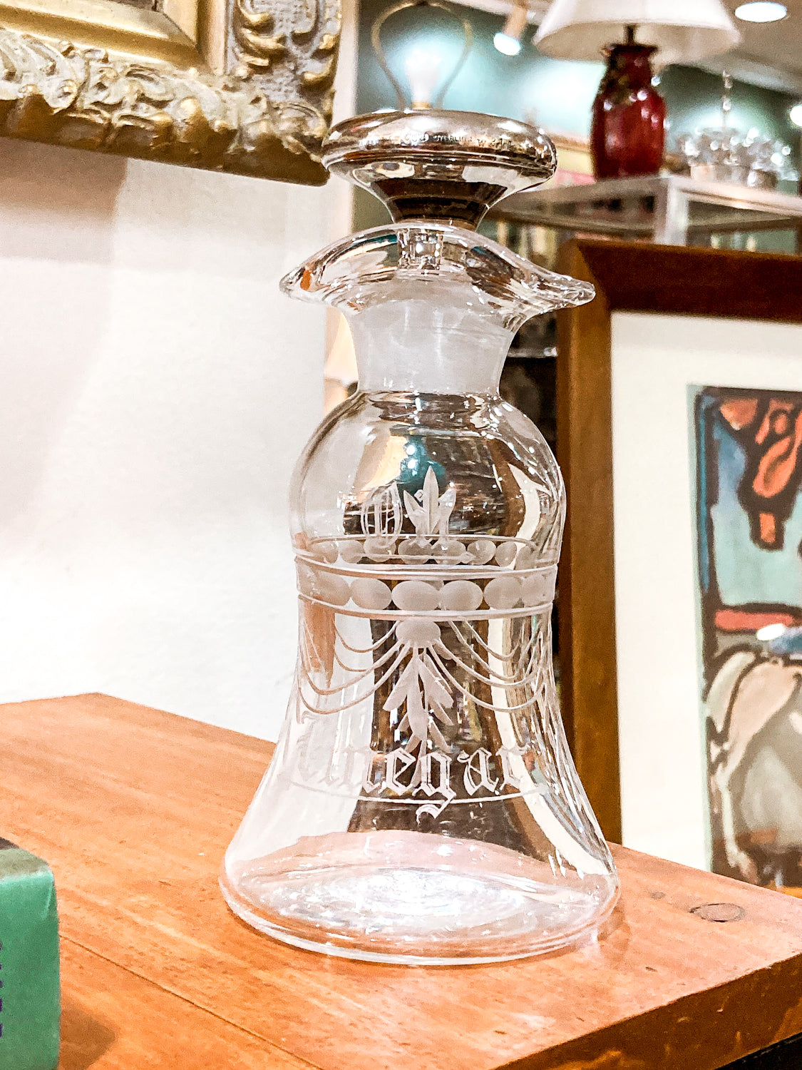 Vintage Cut Crystal Etched Sterling Silver Stopper Oil Vinegar Cruet Jar