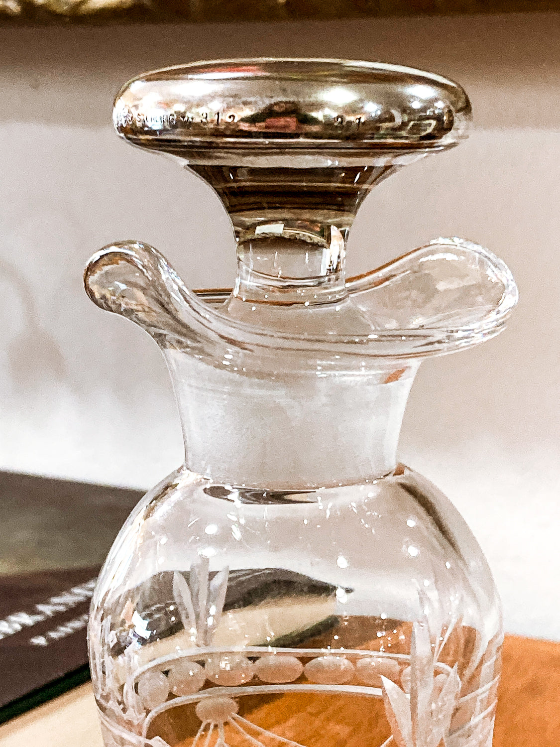 Vintage Cut Crystal Etched Sterling Silver Stopper Oil Vinegar Cruet Jar