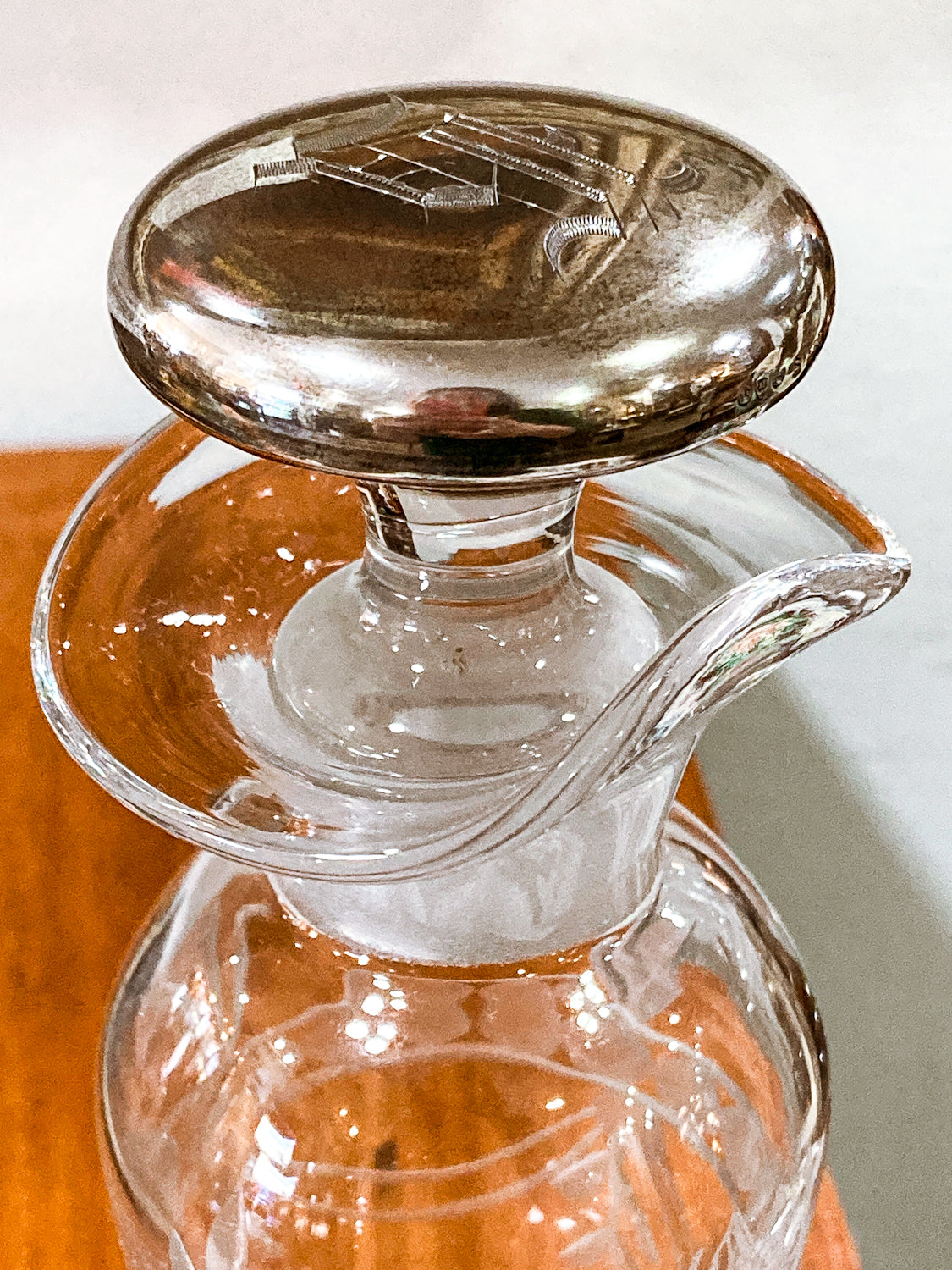Vintage Cut Crystal Etched Sterling Silver Stopper Oil Vinegar Cruet Jar