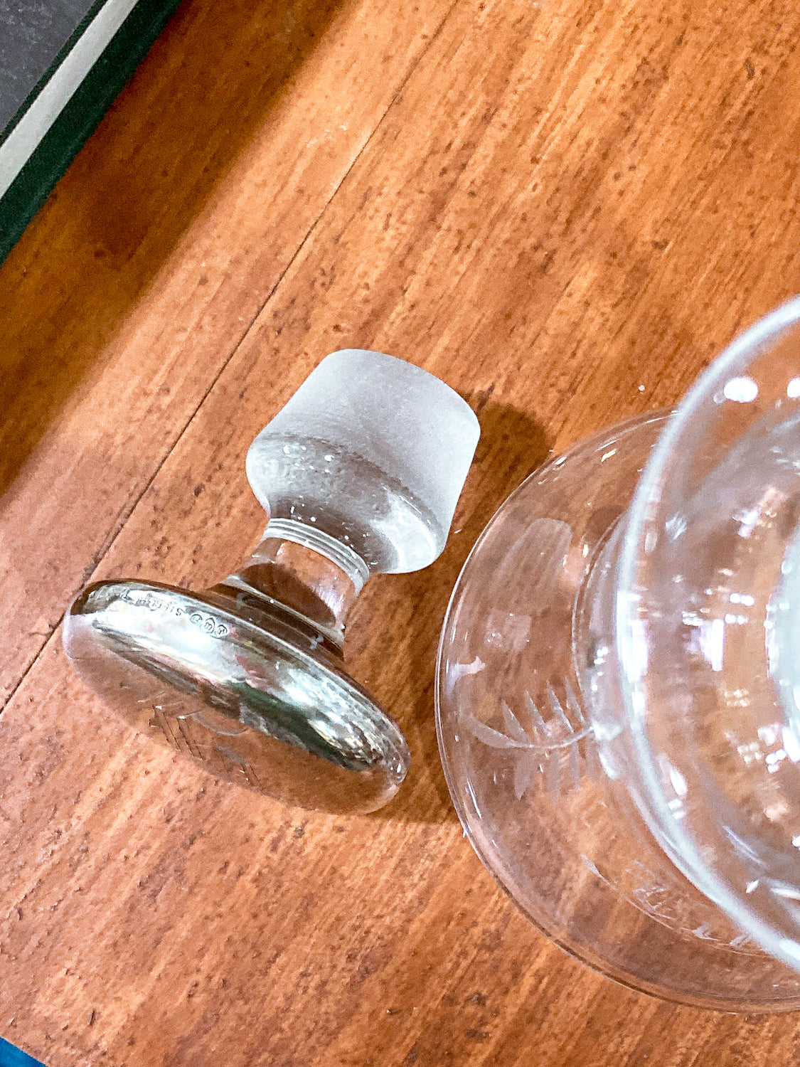 Vintage Cut Crystal Etched Sterling Silver Stopper Oil Vinegar Cruet Jar