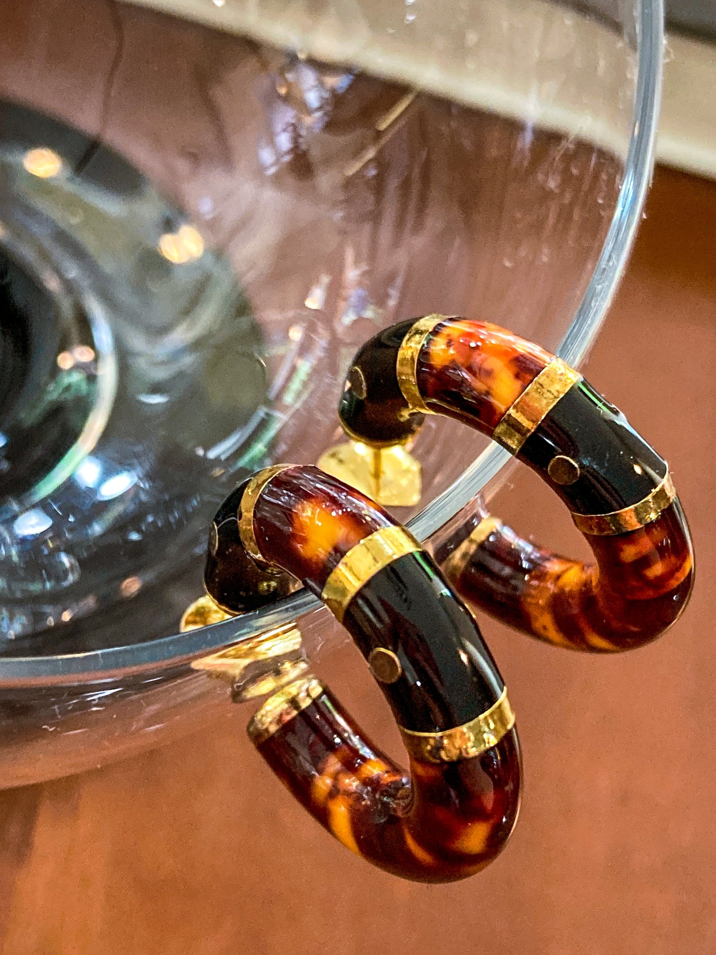 Vintage FLLI MENEGATTI Gold Vermeil 925 Tortoise Shell Black Onyx Hoop Post Earrings