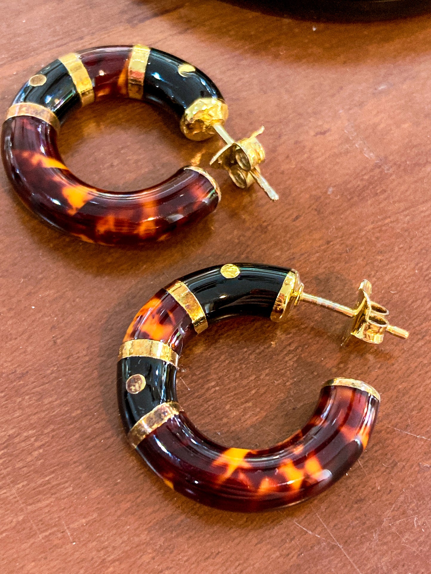 Vintage FLLI MENEGATTI Gold Vermeil 925 Tortoise Shell Black Onyx Hoop Post Earrings